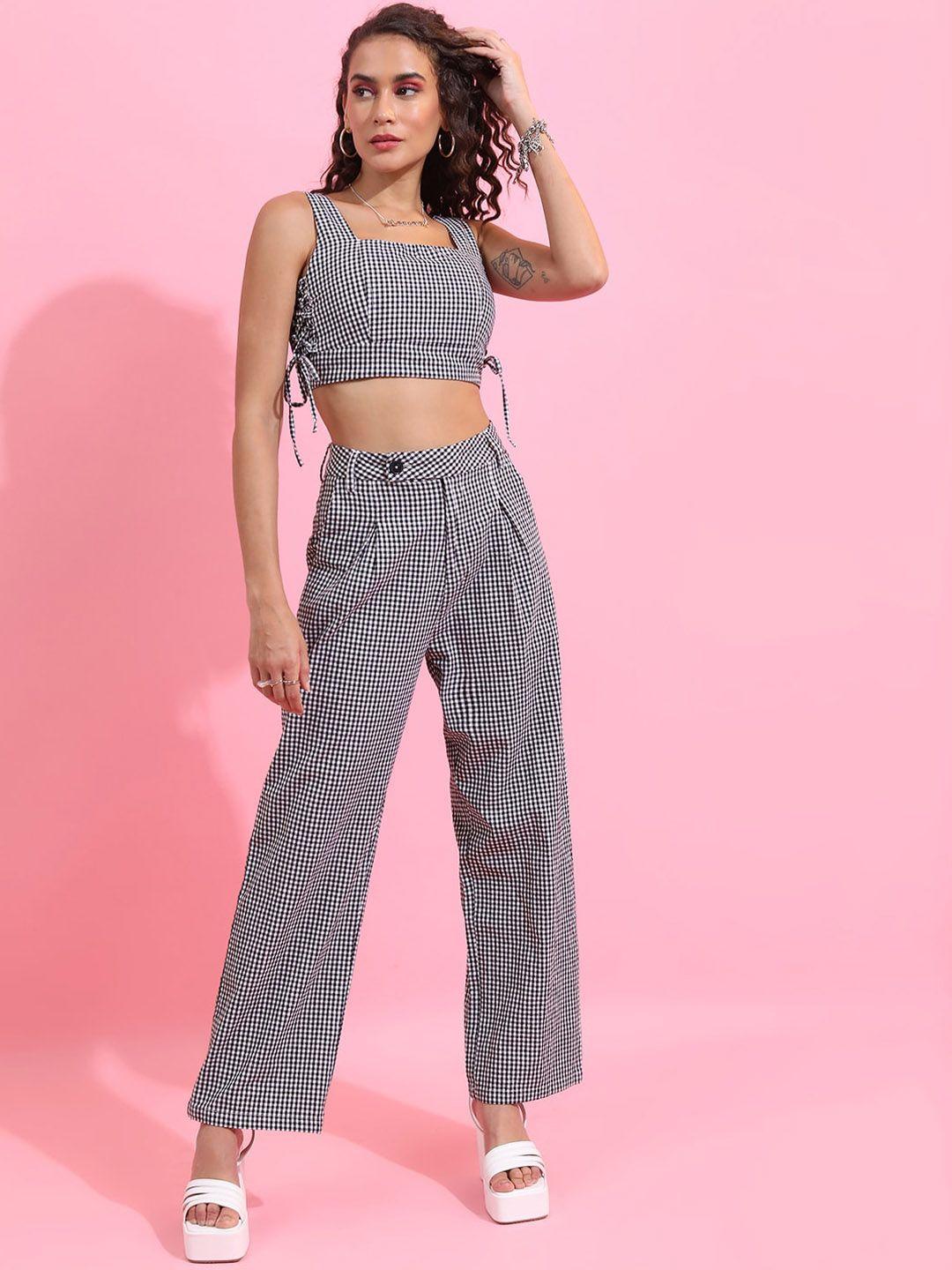 tokyo talkies checked lace up detail pure cotton crop top with trousers