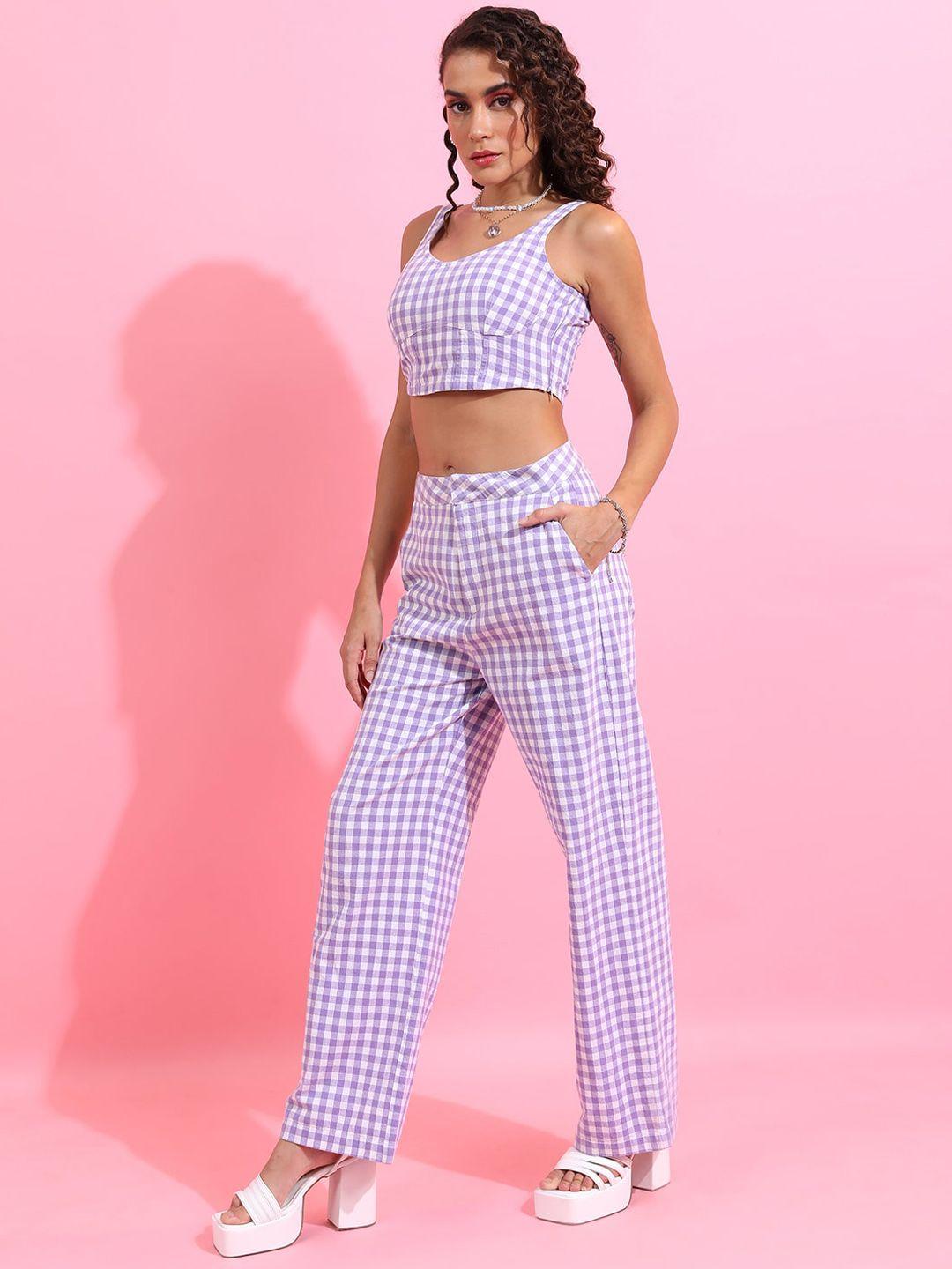 tokyo talkies checked sleeveless crop pure cotton top with trousers
