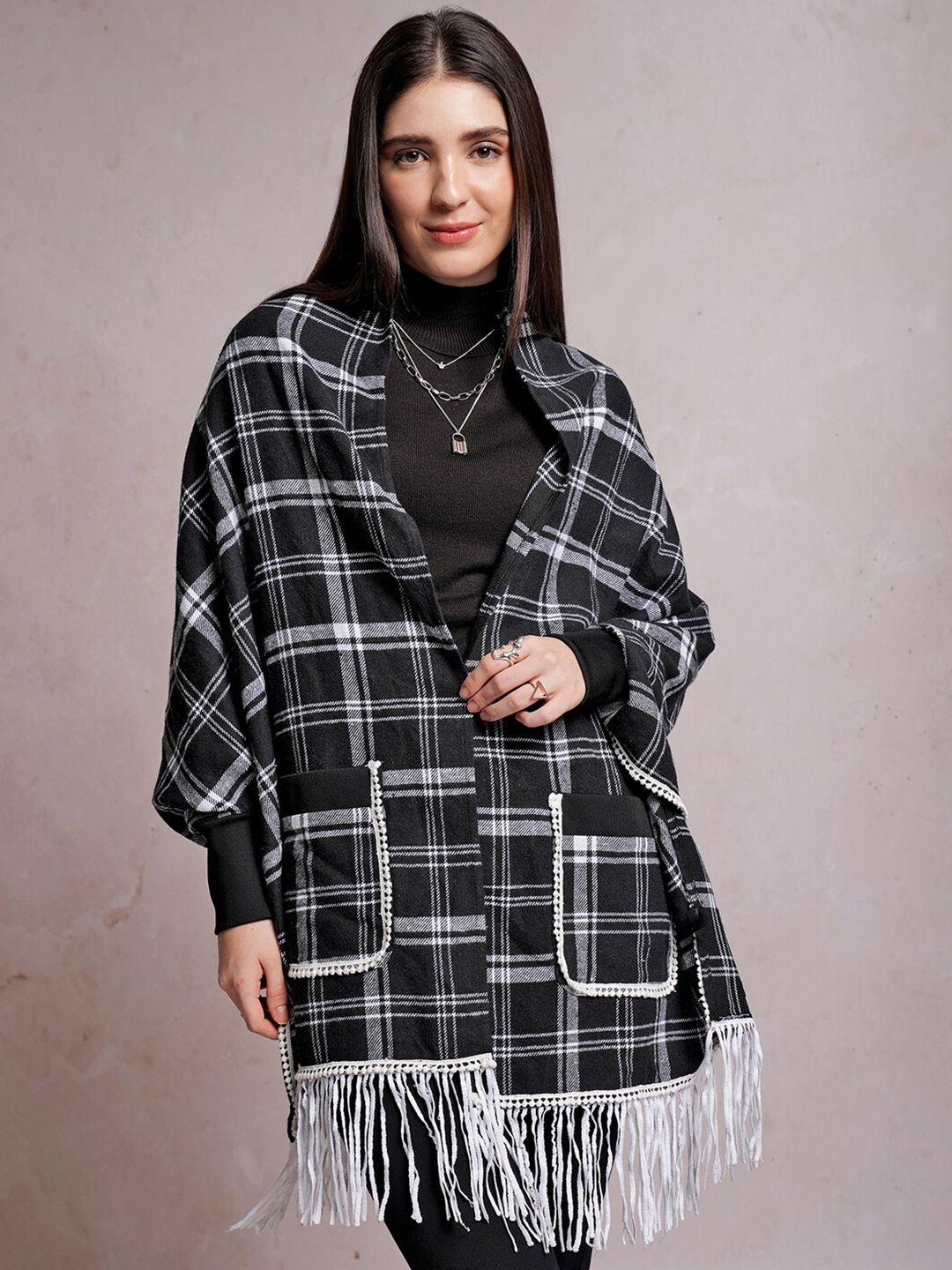 tokyo talkies checked tasselled open front shrug