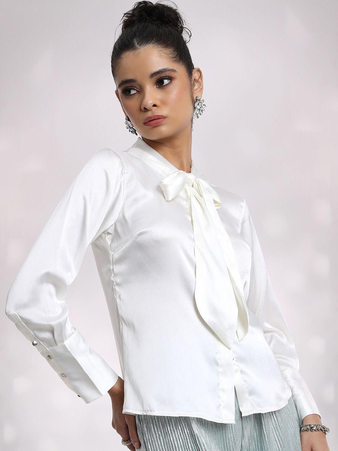 tokyo talkies cream-coloured tie up neck cuffed sleeves shirt style top