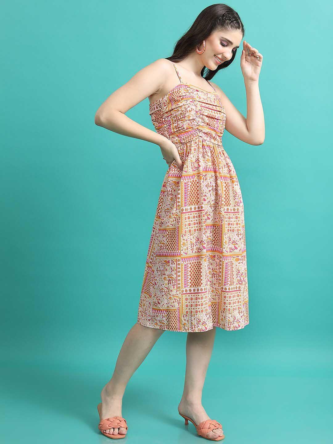 tokyo talkies ethnic motifs printed ruched fit & flare midi dress