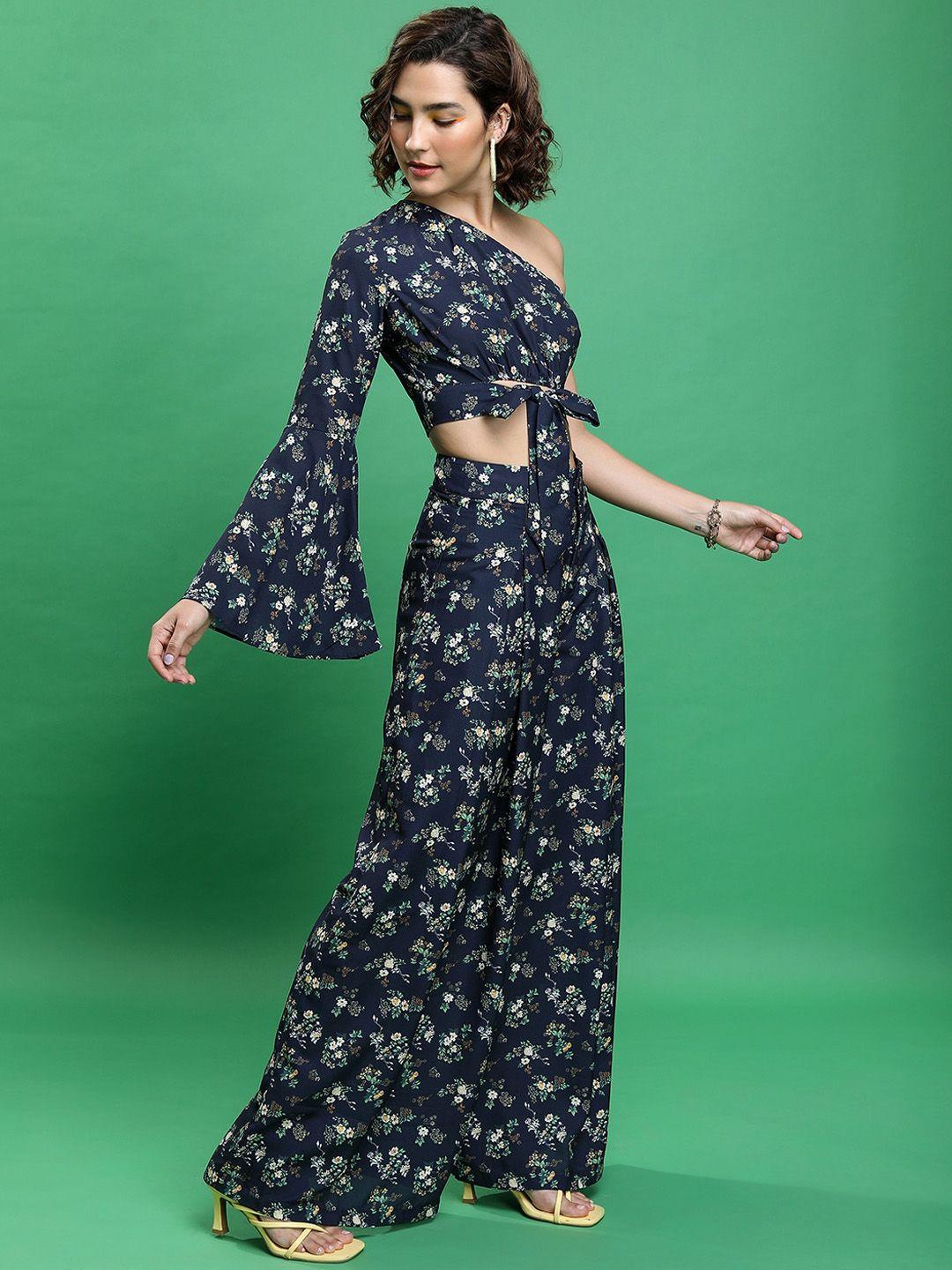 tokyo talkies floral printed one shoulder crop top with printed palazzos co-ords