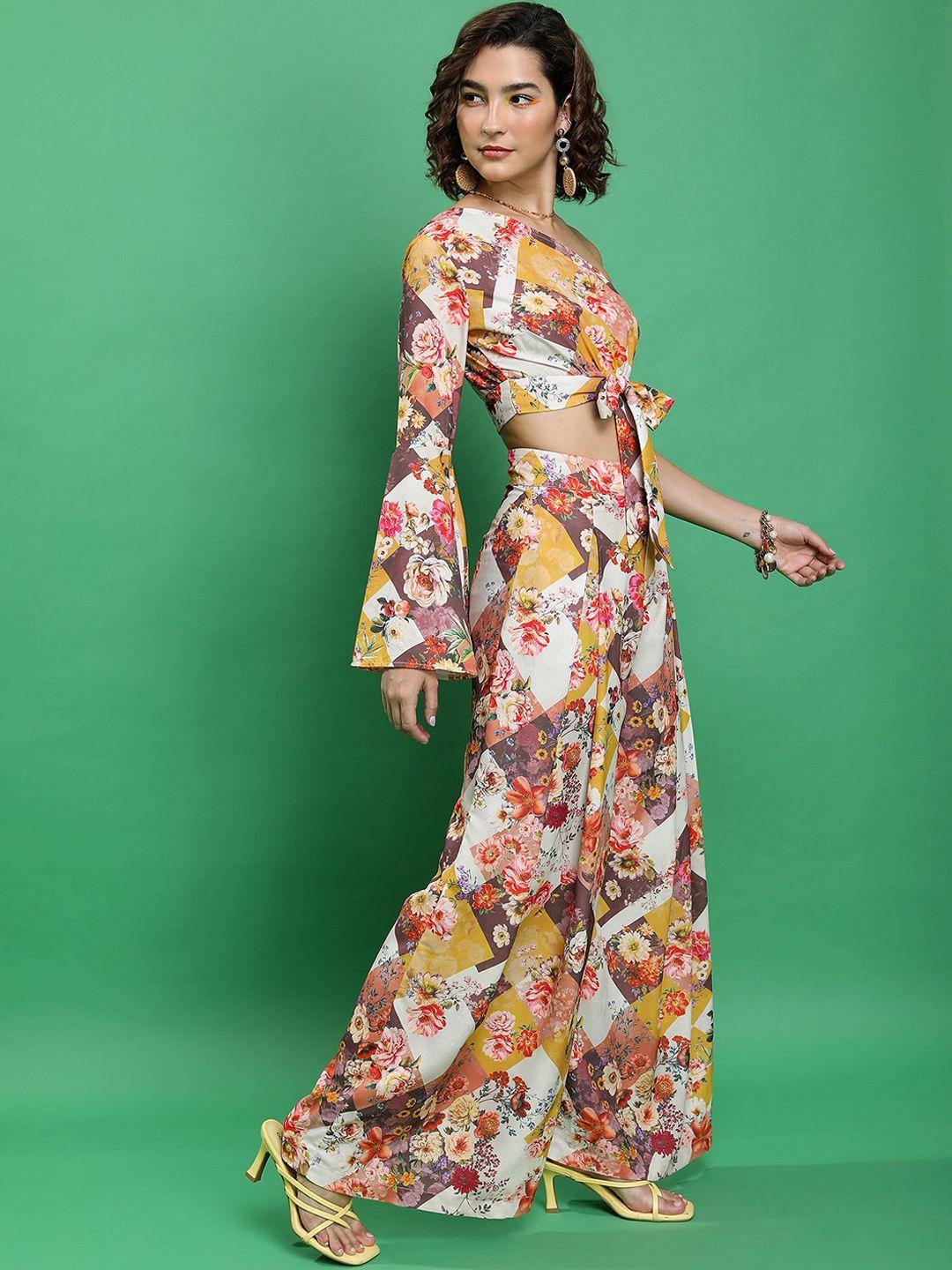 tokyo talkies floral printed one shoulder crop top with wide leg pant trousers