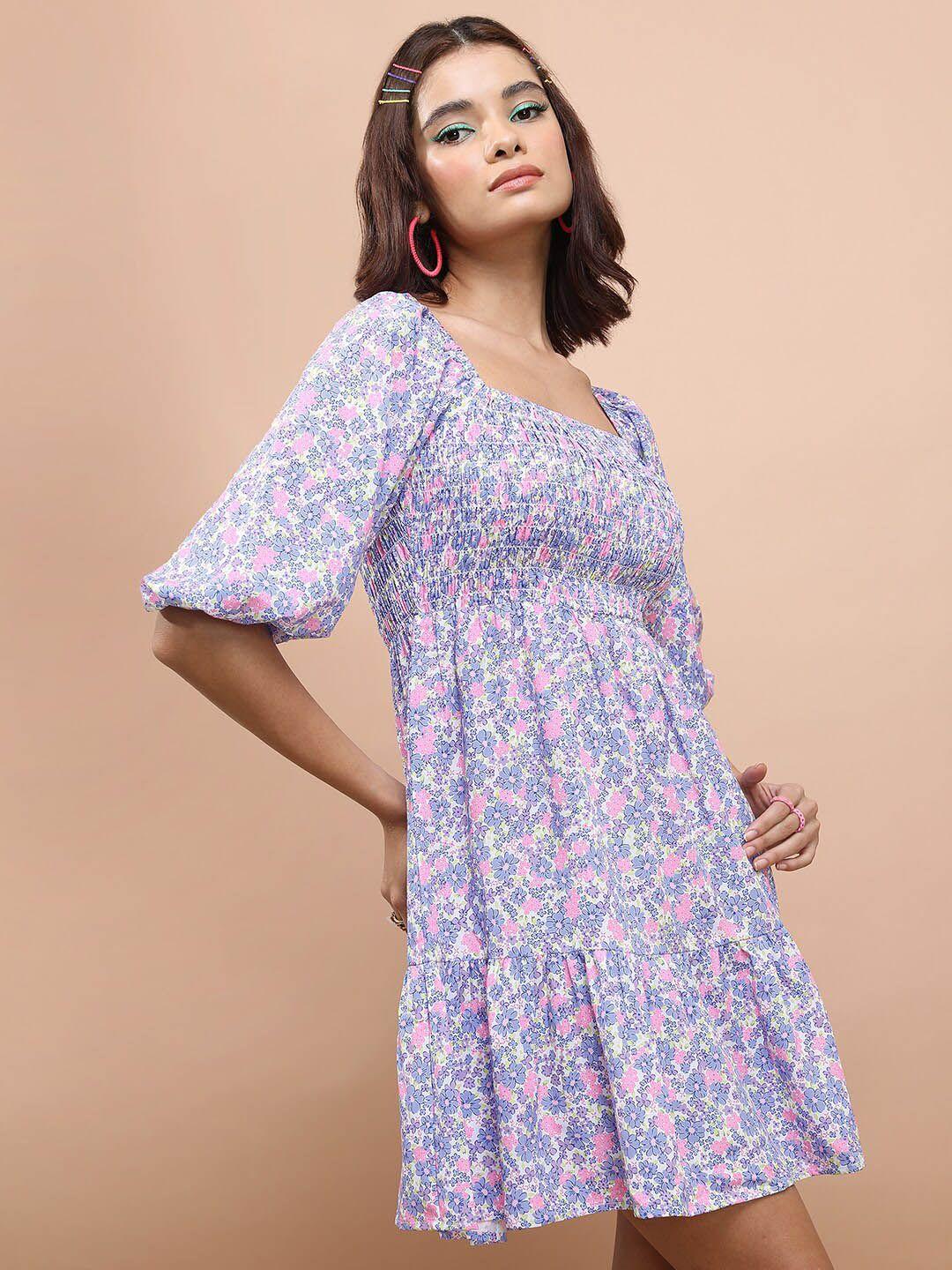 tokyo talkies floral printed puff sleeve smocked fit & flare dress