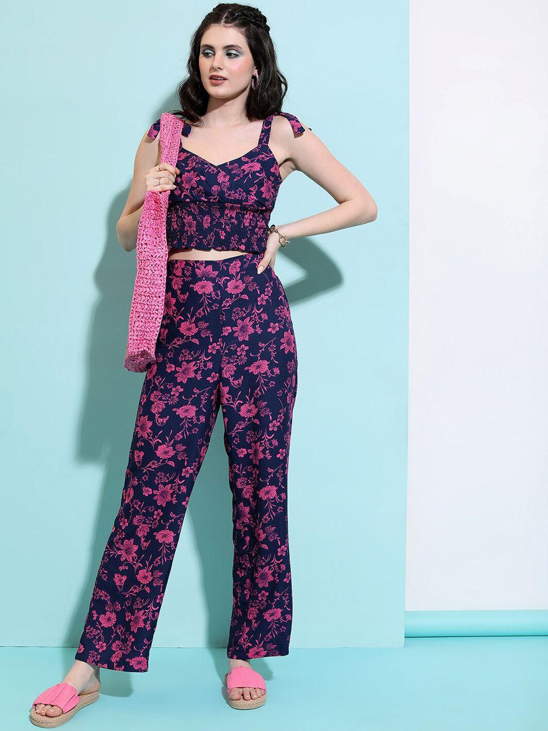 tokyo talkies floral printed shoulder straps crop top with trousers co-ords