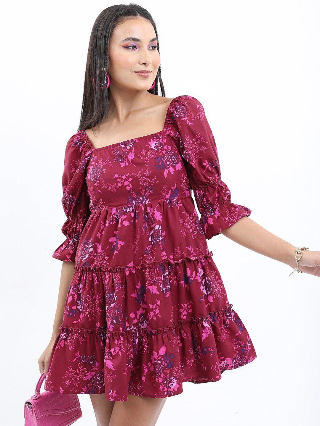 tokyo talkies floral printed square neck fit and flare mini dress