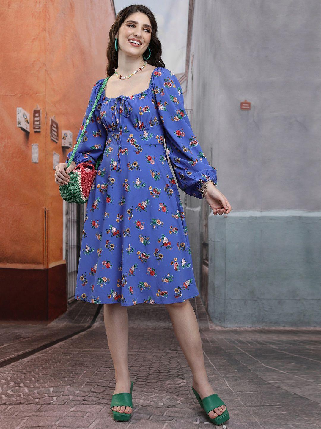 tokyo talkies floral printed square neck puff sleeves midi  a-line dress