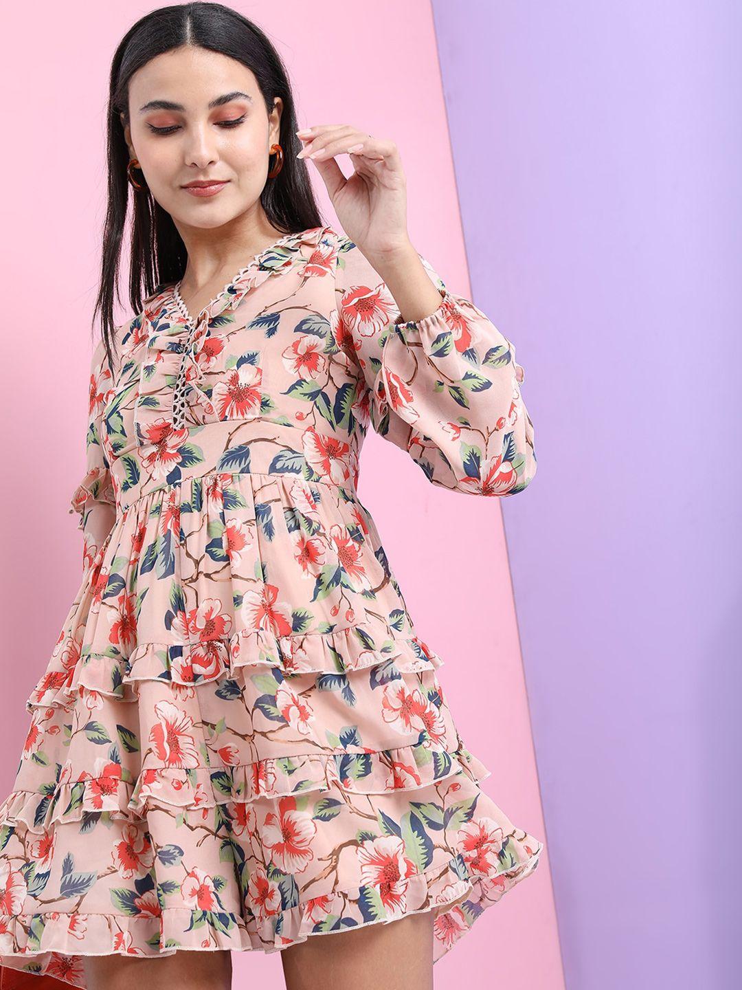 tokyo talkies floral printed tie-up neck layered dress