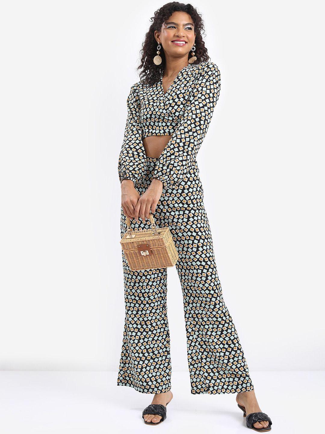 tokyo talkies geometric printed back tie up top with trousers