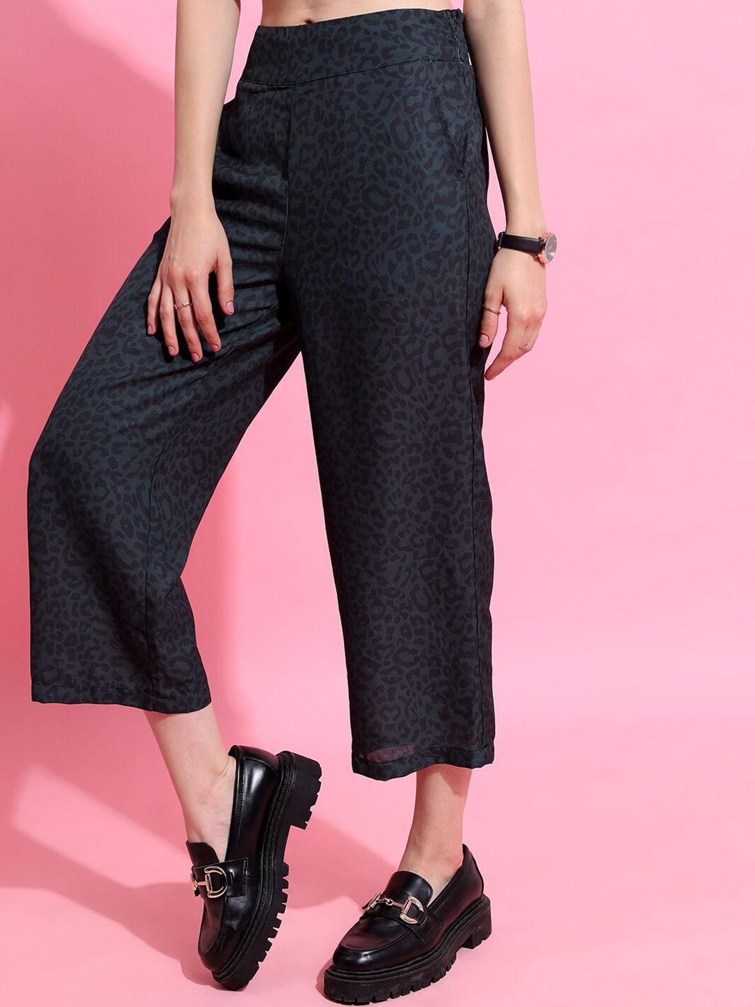 tokyo talkies green & black animal printed mid-raise flat front culottes trousers