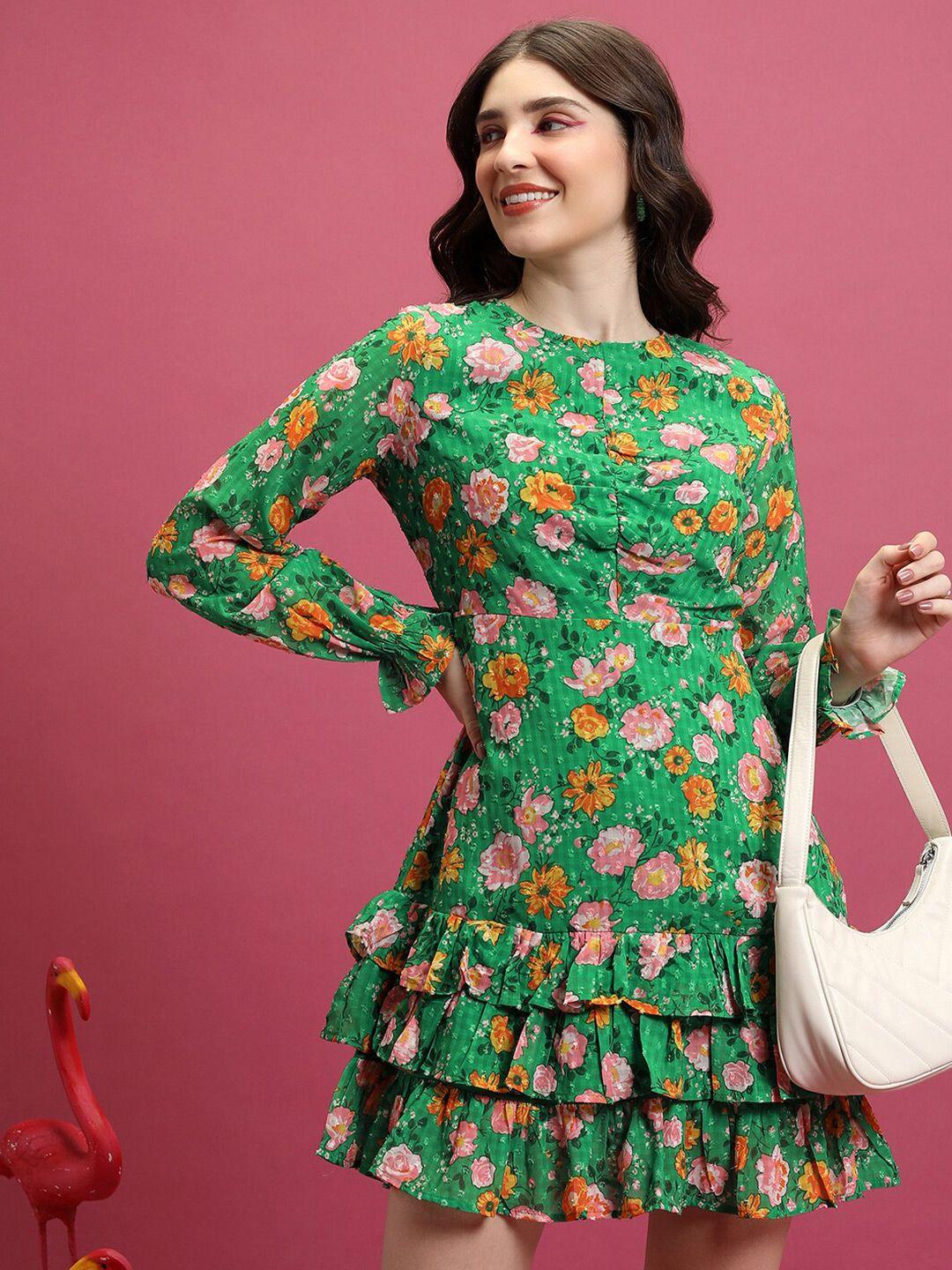 tokyo talkies green & orange floral printed a line dress