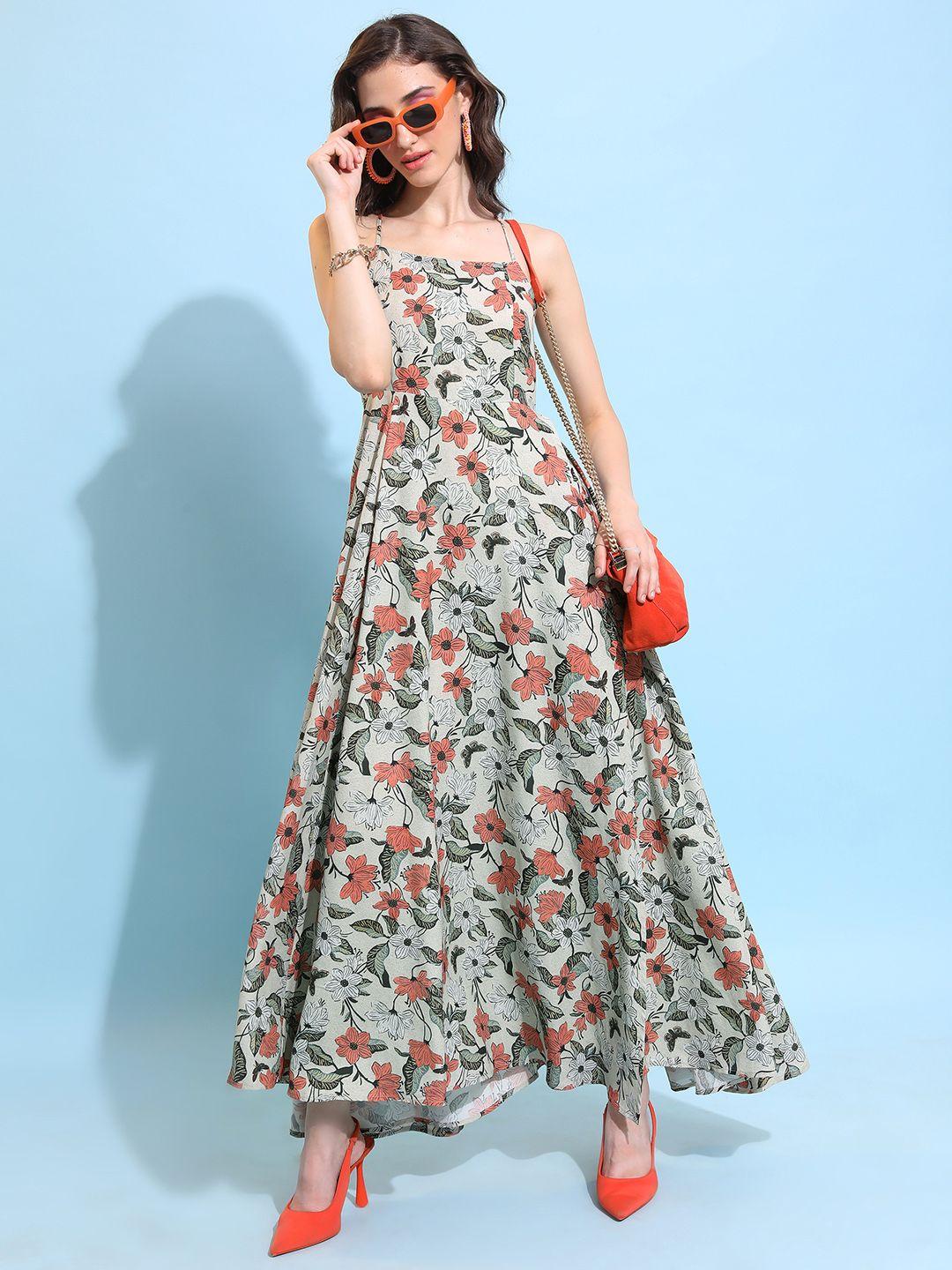 tokyo talkies green & orange floral printed shoulder strap sleeveless jacquard maxi dress