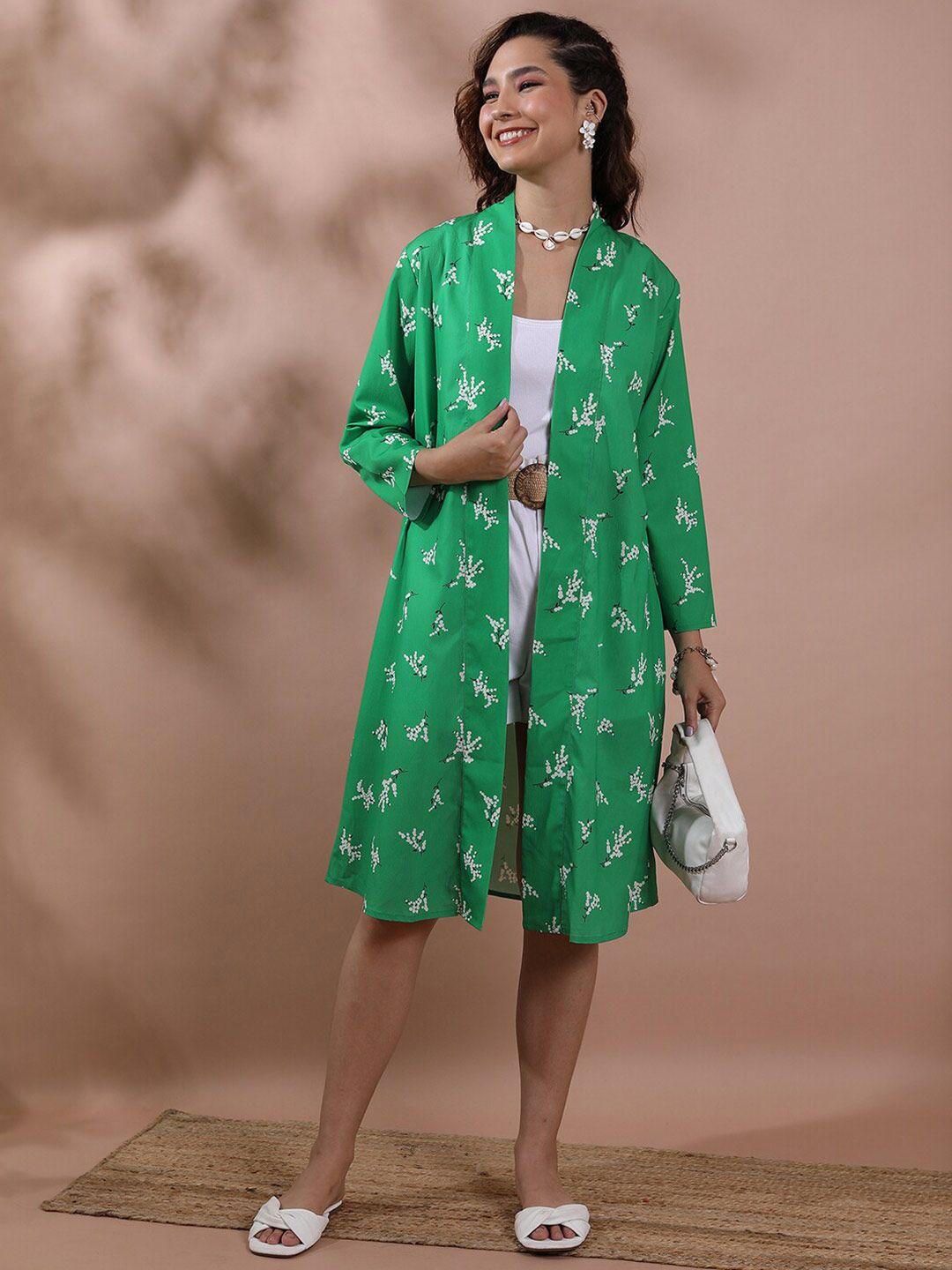 tokyo talkies green & white floral printed longline shrug