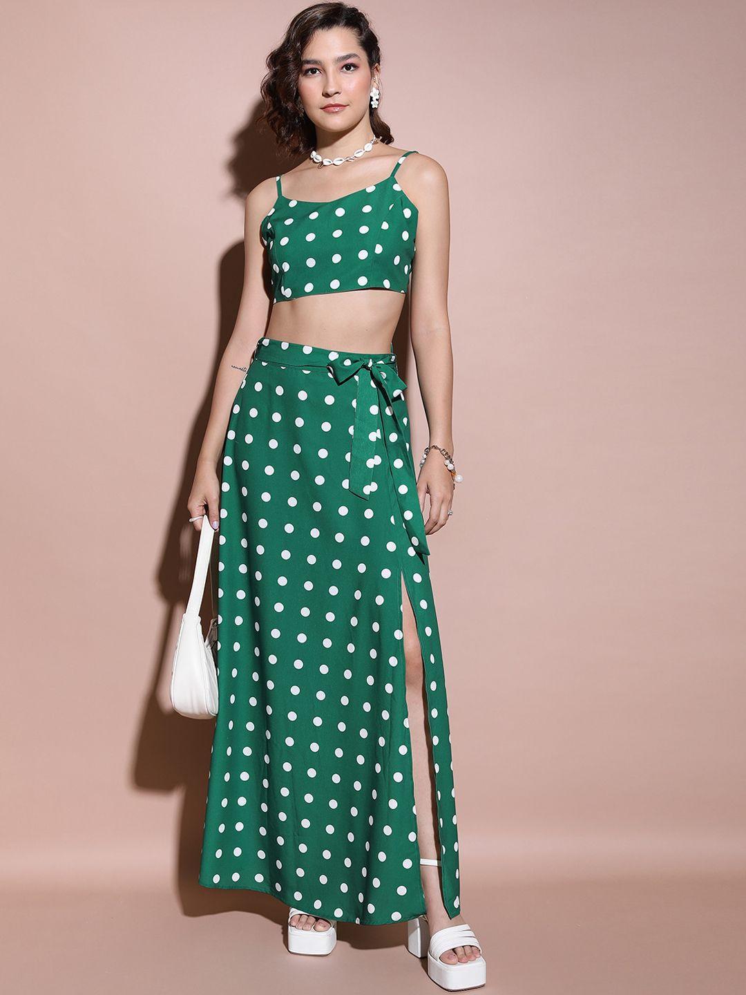 tokyo talkies green & white polka dot printed crop top with a-line skirts