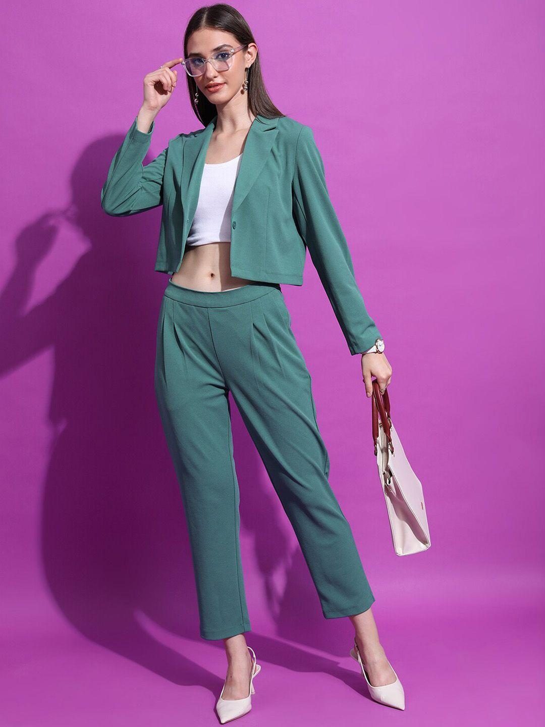 tokyo talkies green crop blazer with tailored trousers