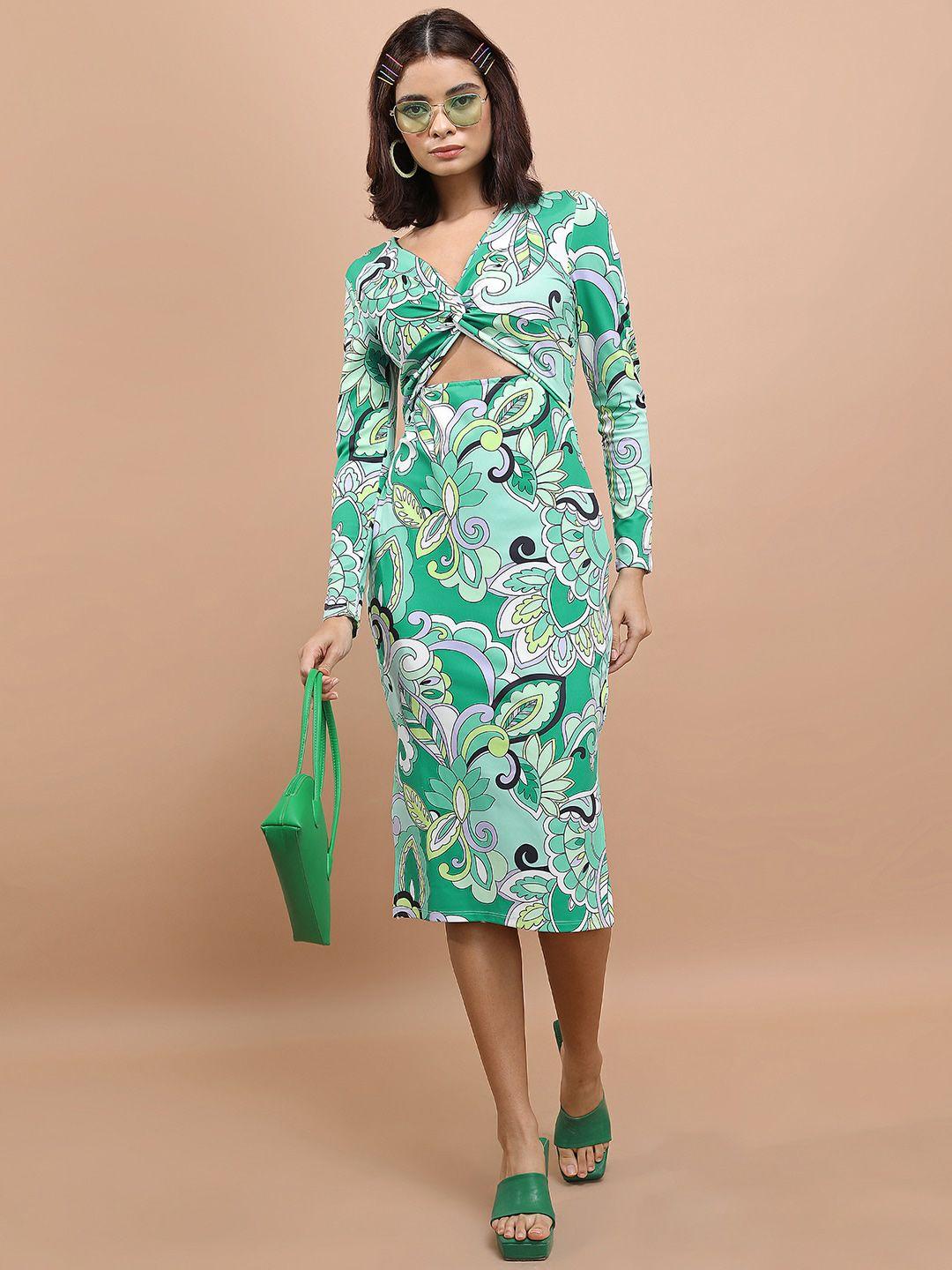 tokyo talkies green ethnic motifs printed v-neck cut out twisted sheath dress