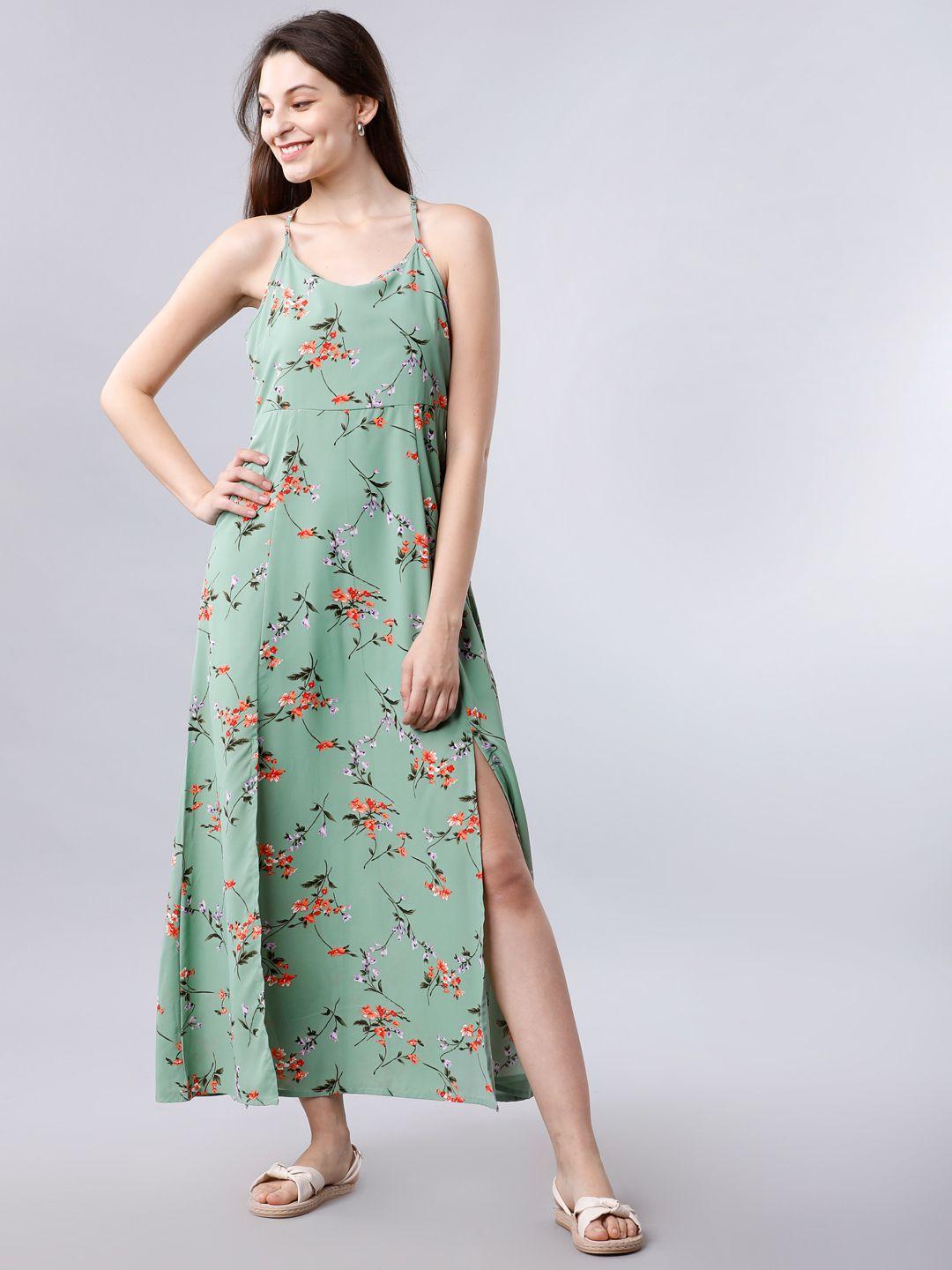 tokyo talkies green floral halter neck georgette maxi dress