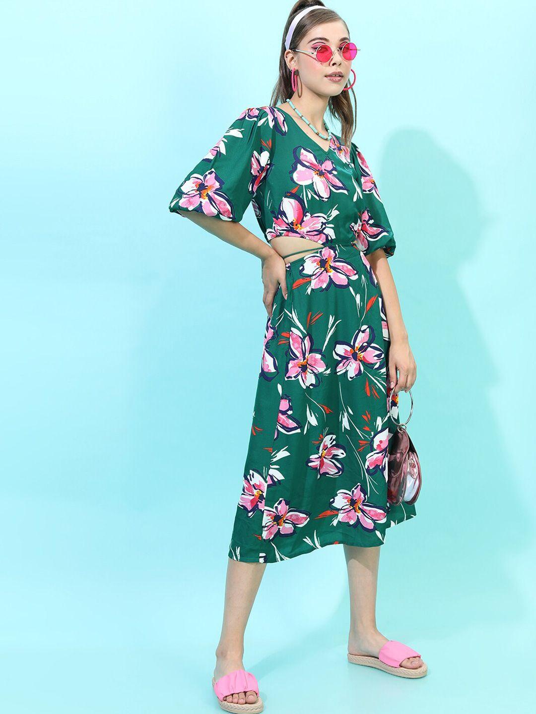 tokyo talkies green floral midi cutout midi dress