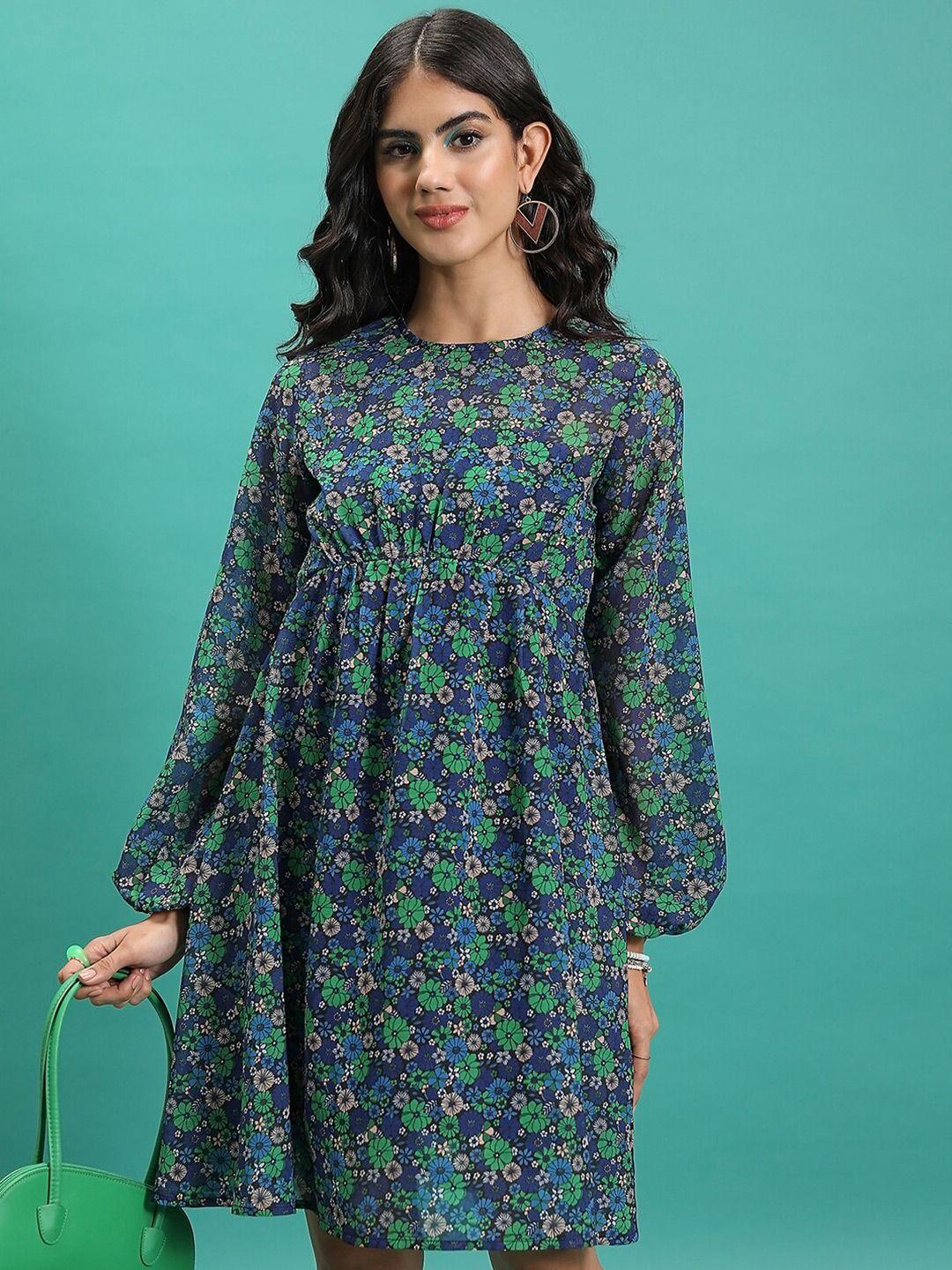 tokyo talkies green floral printed puff sleeve gathered fit & flare dress