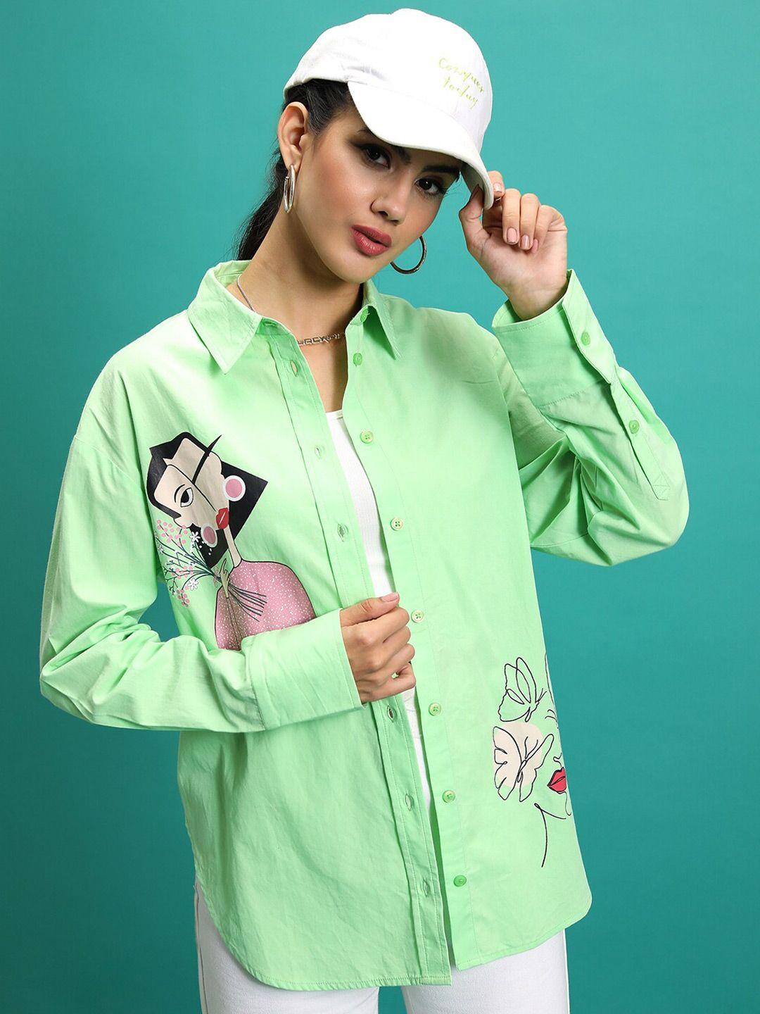 tokyo talkies green graphic printed cotton oversized casual shacket
