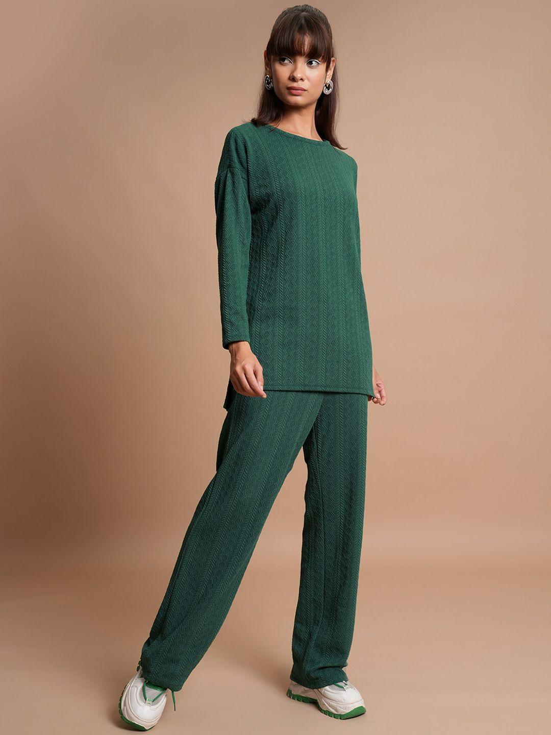 tokyo talkies green self-design relaxed sweater with trousers