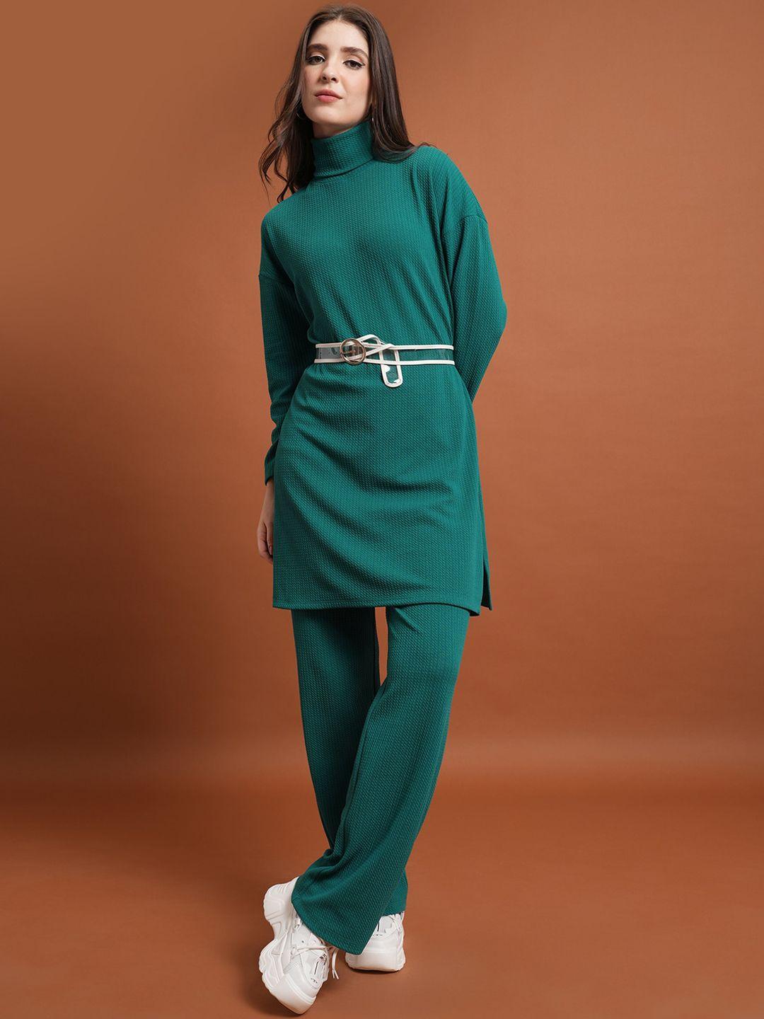 tokyo talkies green self designed turtle neck longline sweatshirt & trousers