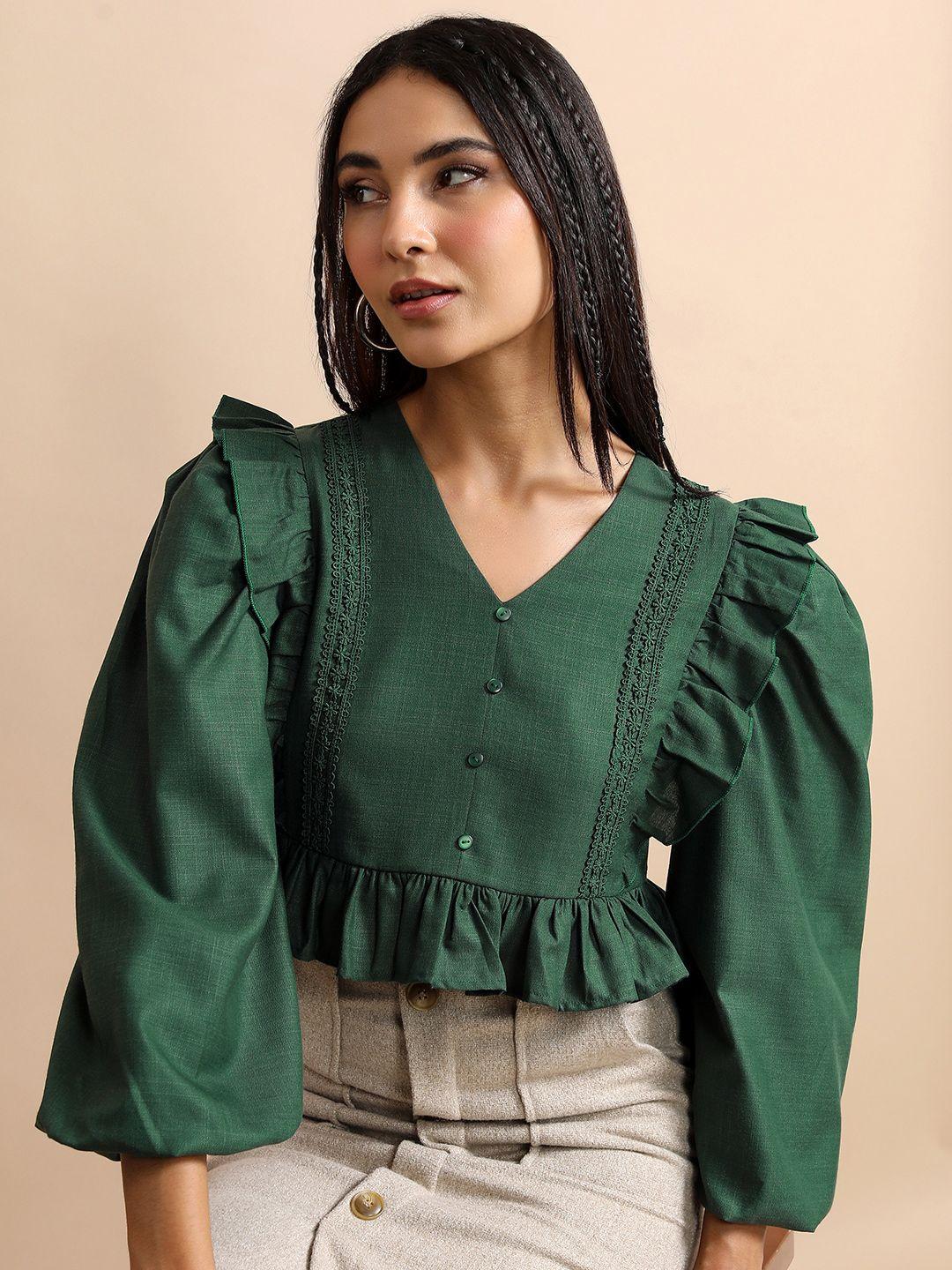 tokyo talkies green v-neck lace inserts puff sleeves peplum crop top