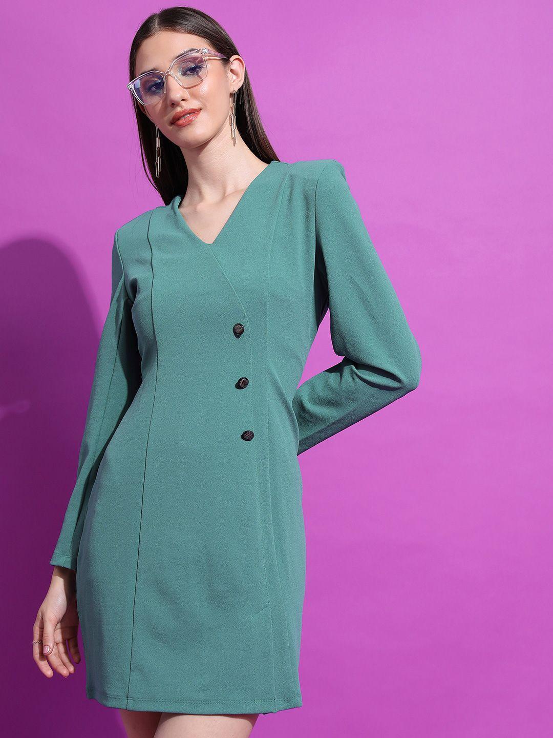 tokyo talkies green v-neck long sleeves blazer dress