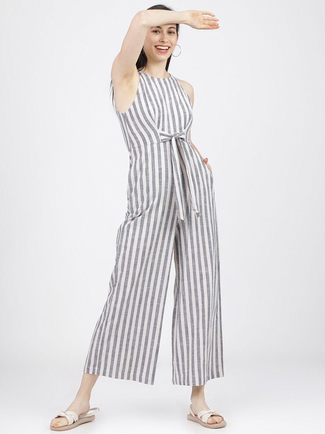 tokyo talkies grey & white halter neck striped basic jumpsuit