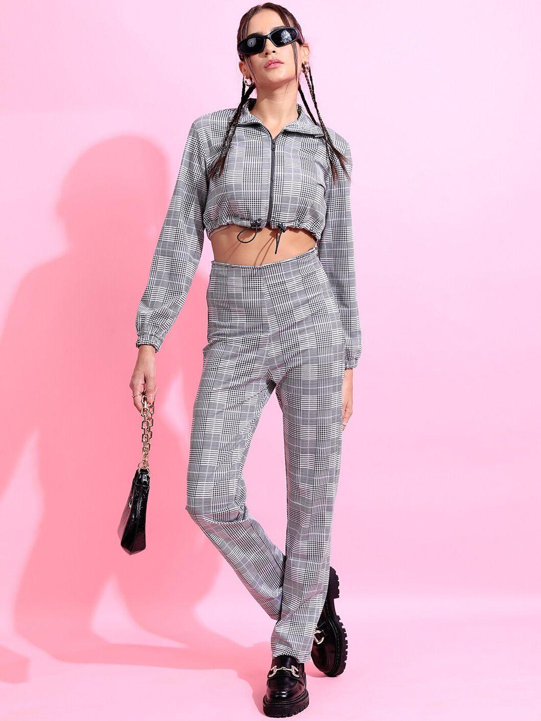 tokyo talkies grey checked crop top & high-rise trouser co-ords