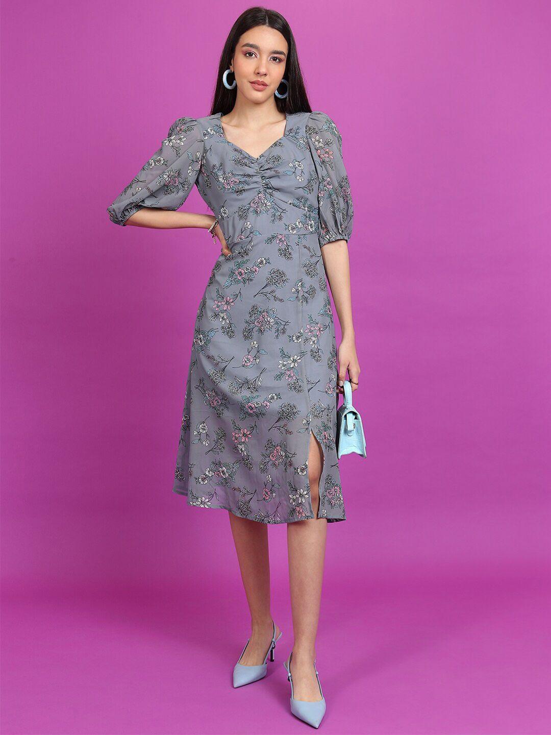 tokyo talkies grey floral printed ruched a-line midi dress