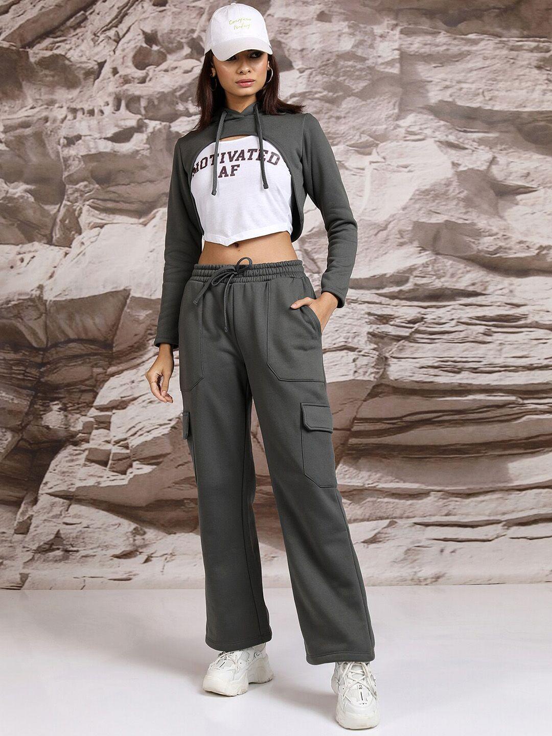 tokyo talkies hooded crop top with sweatshirt & trousers co-ords