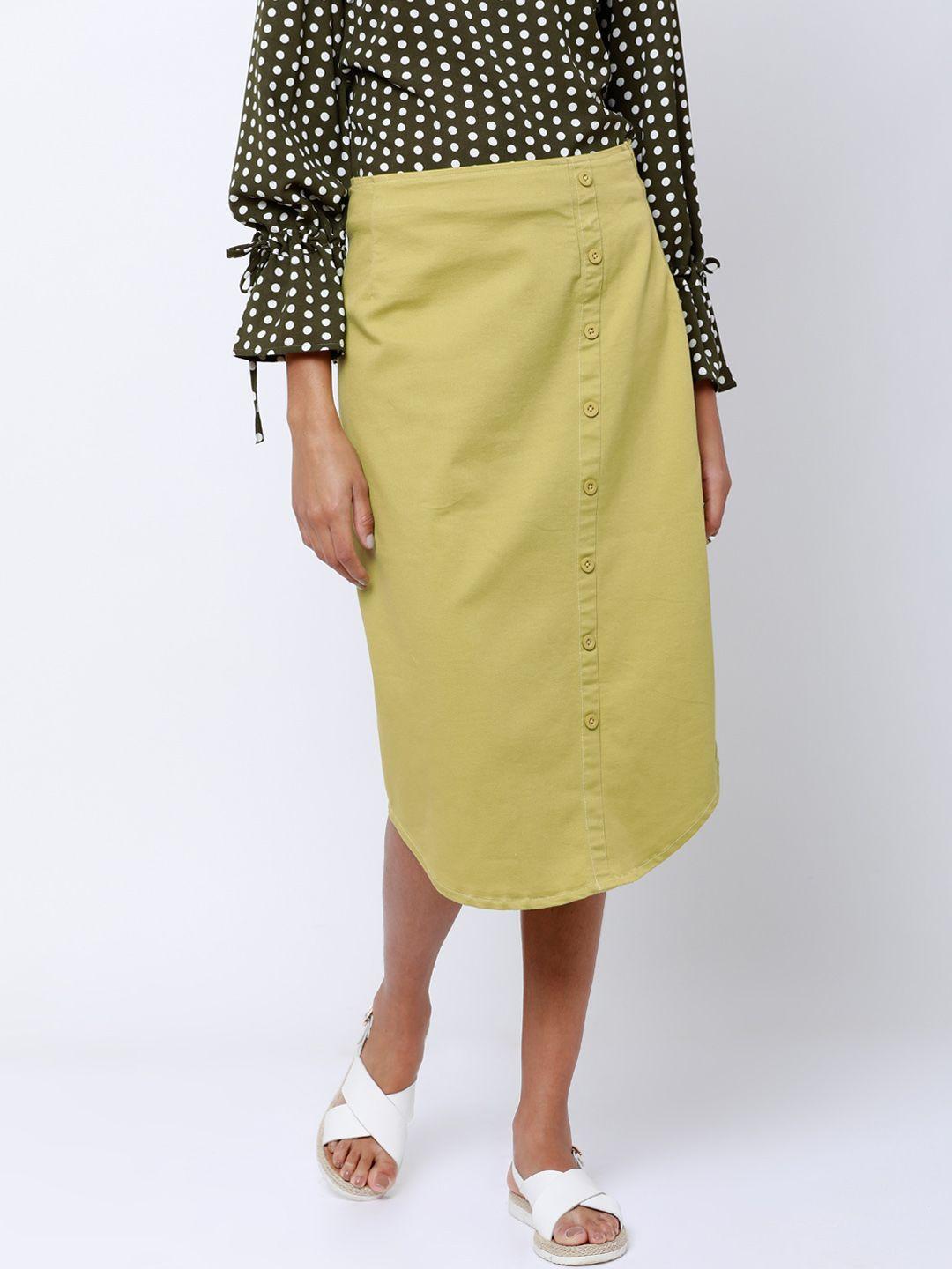 tokyo talkies lime green solid straight pure cotton skirt