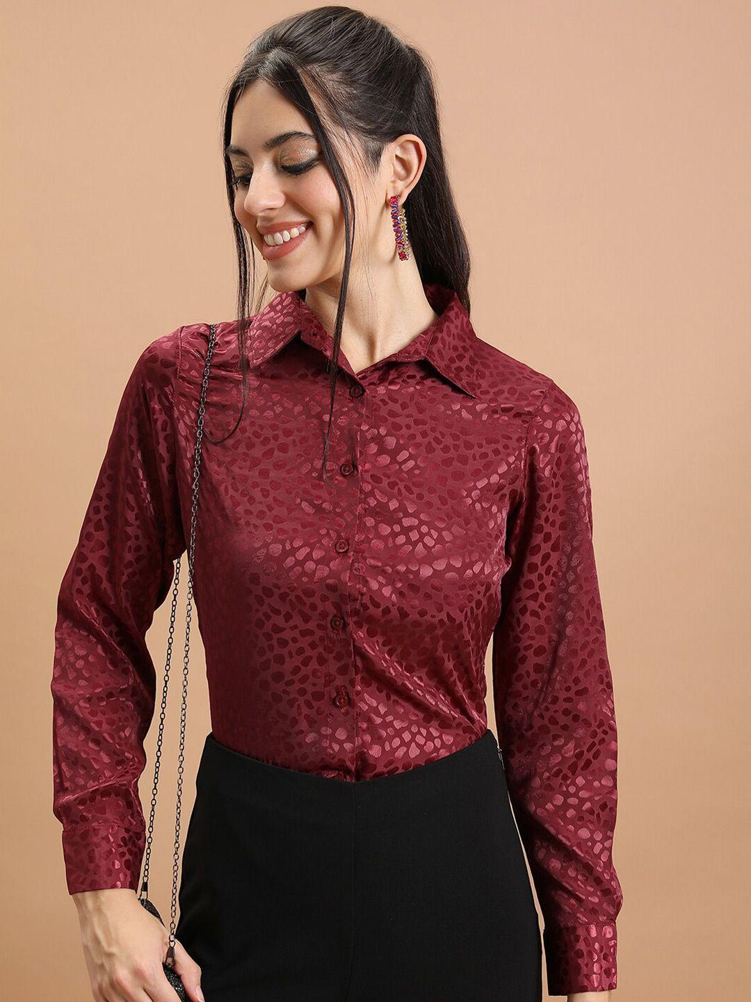 tokyo talkies maroon abstract printed satin casual shirt