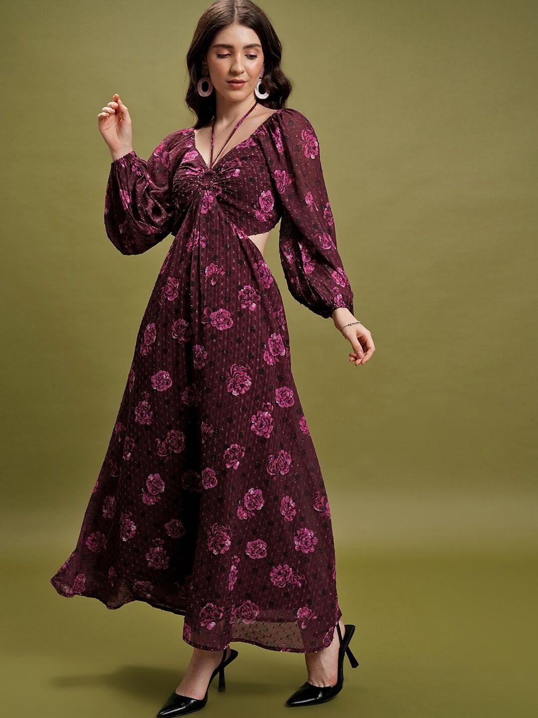 tokyo talkies maroon floral print a-line maxi dress