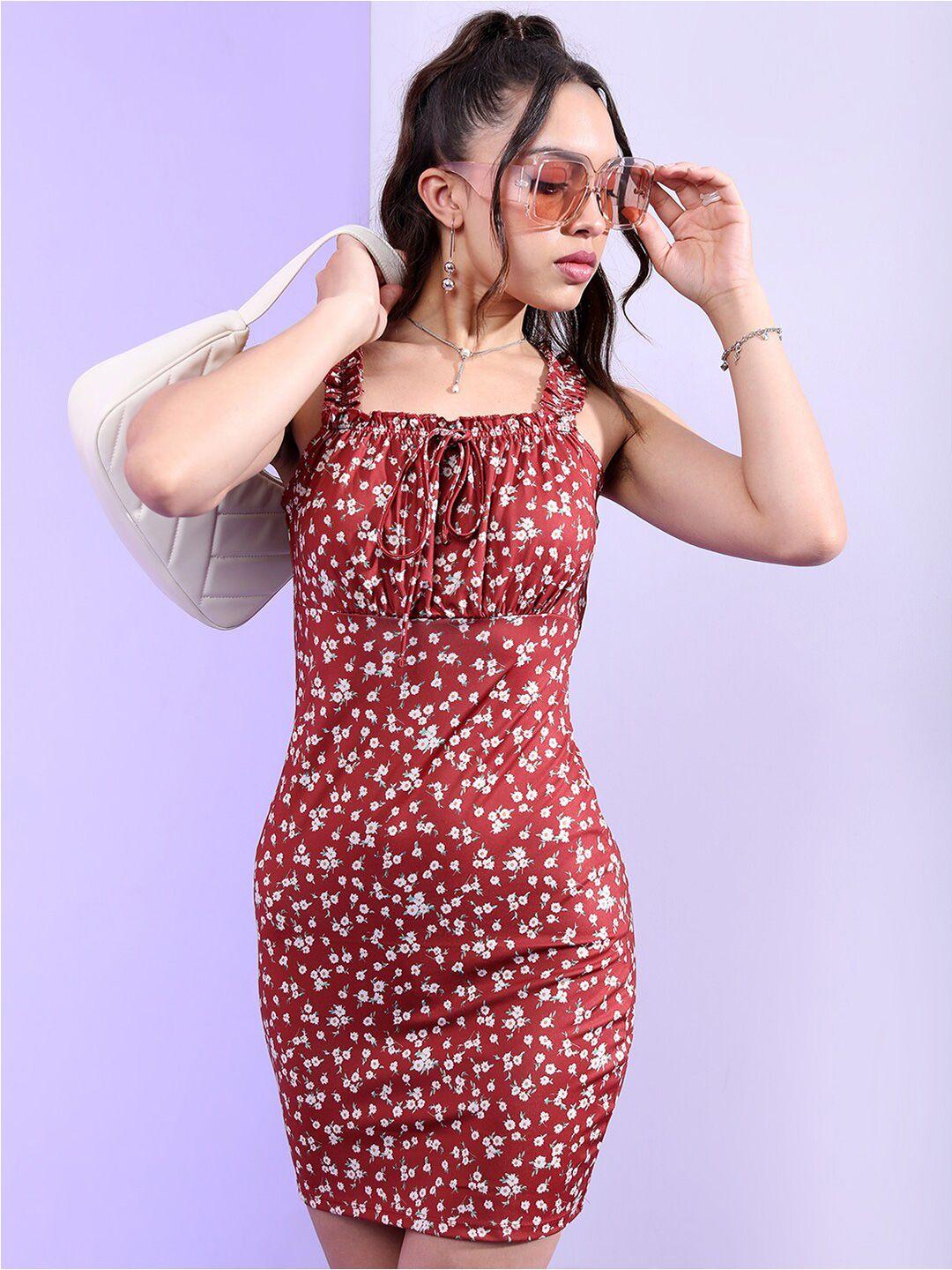 tokyo talkies maroon floral print bodycon mini dress