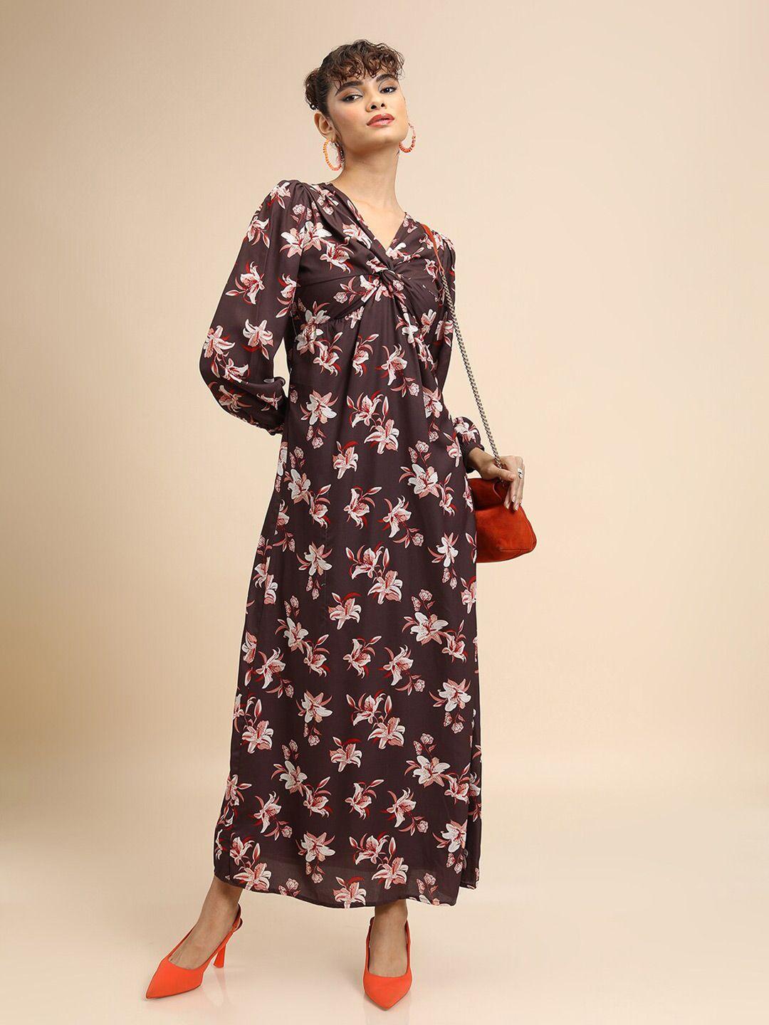 tokyo talkies maroon floral printed twisted maxi dress