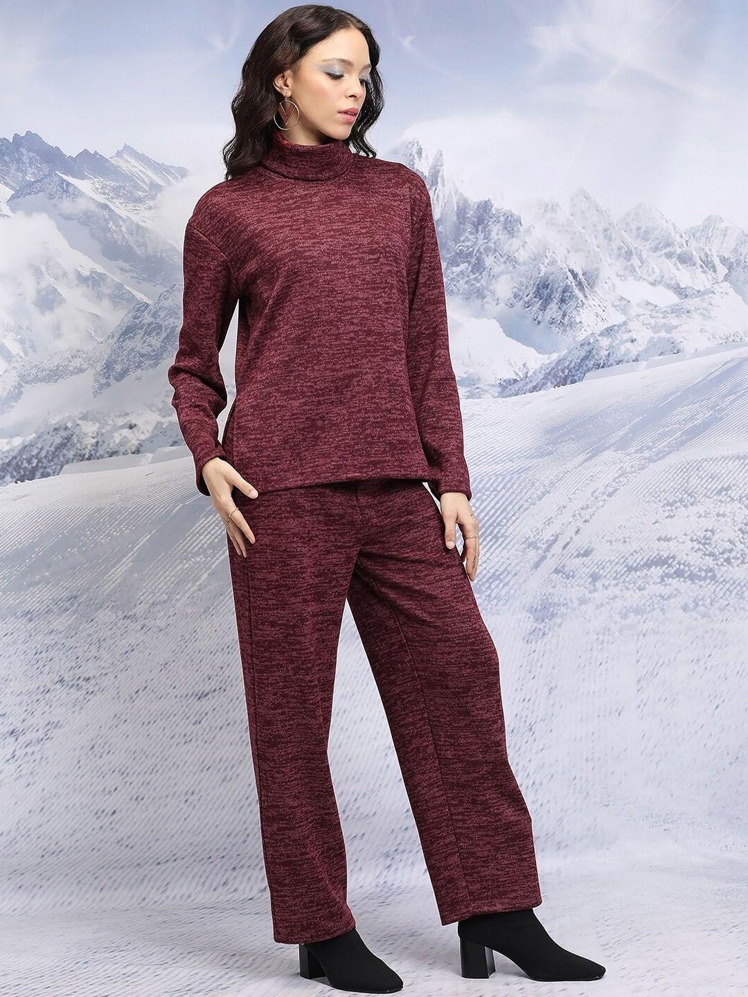 tokyo talkies maroon high neck oversized sweater with wide leg trousers