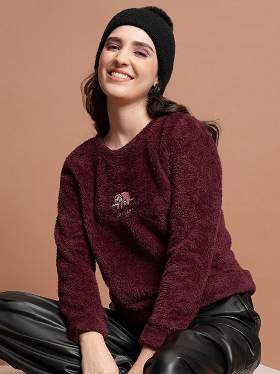 tokyo talkies maroon round neck fuzzy pullover sweatshirt