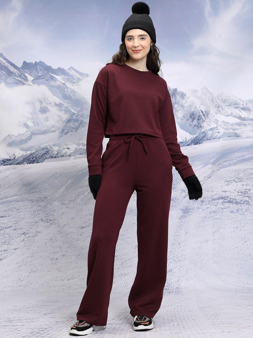 tokyo talkies maroon self design sweatshirt with trouser