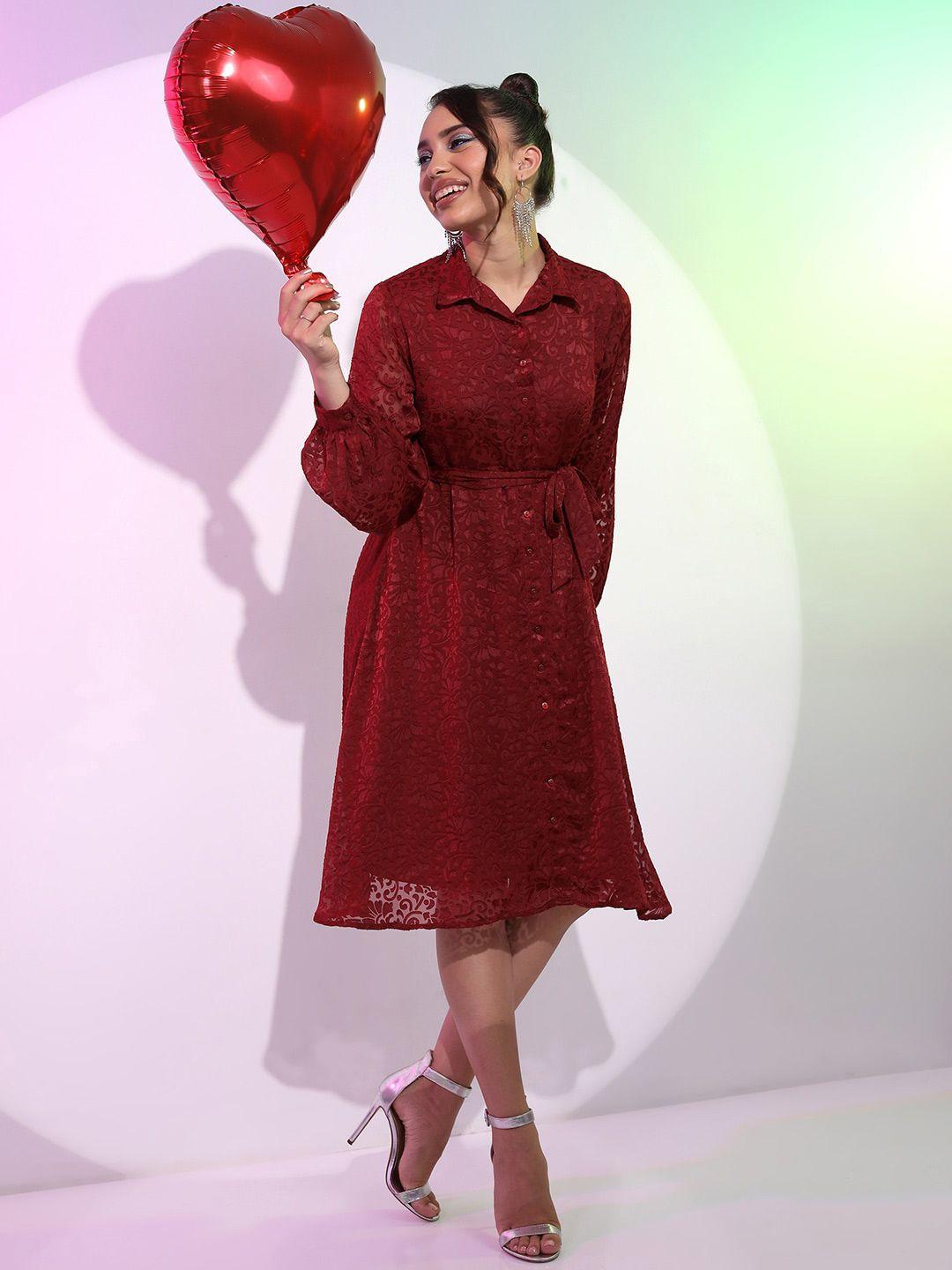 tokyo talkies maroon shirt collar fit & flare dress