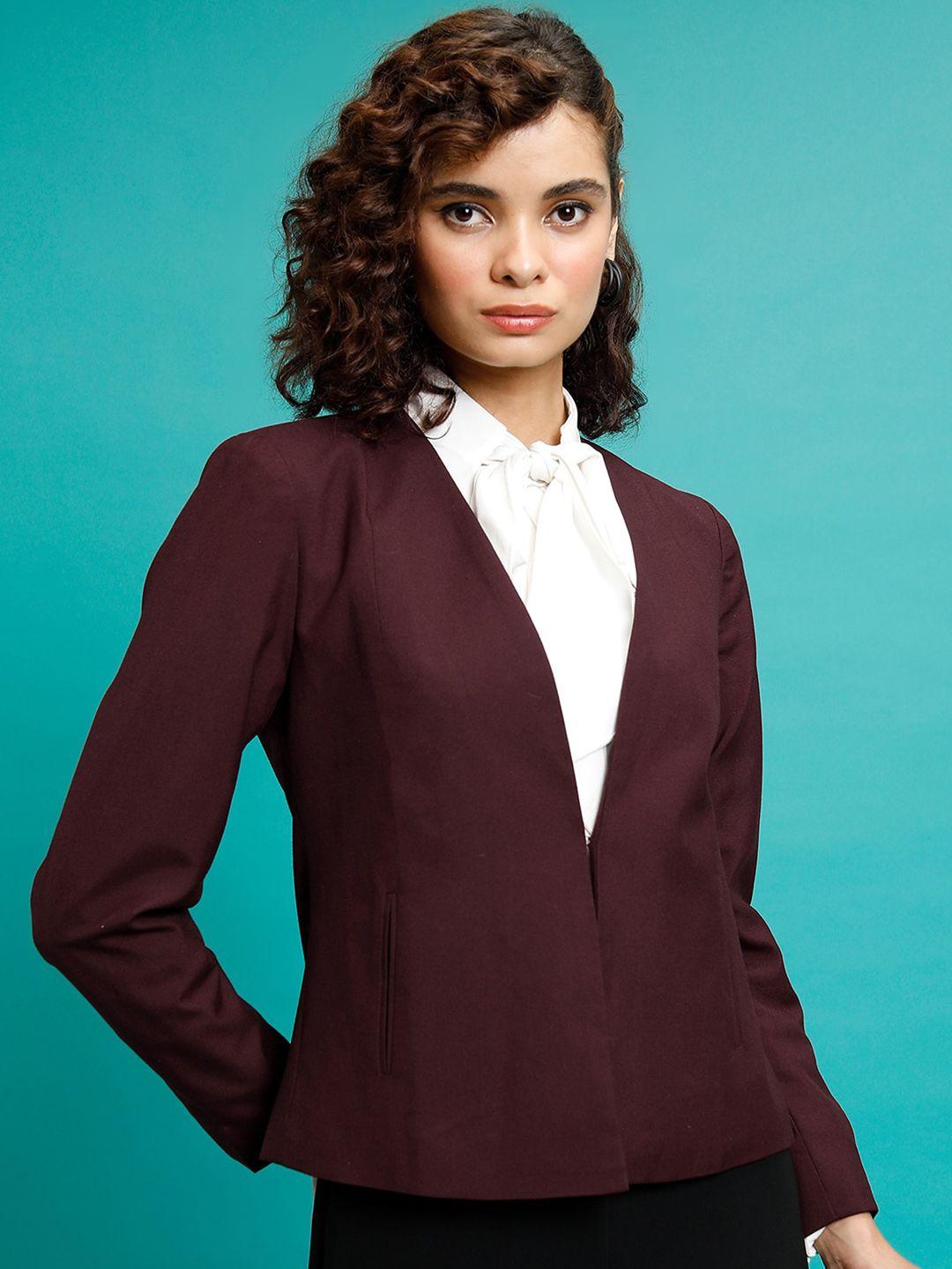 tokyo talkies maroon v-neck open front blazer