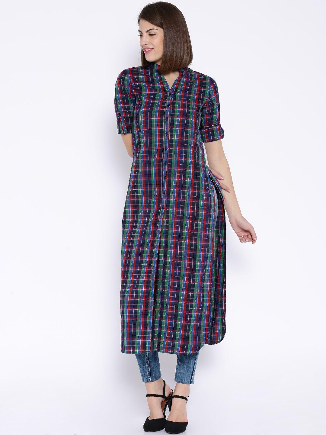 tokyo talkies multicoloured checked pure cotton tunic