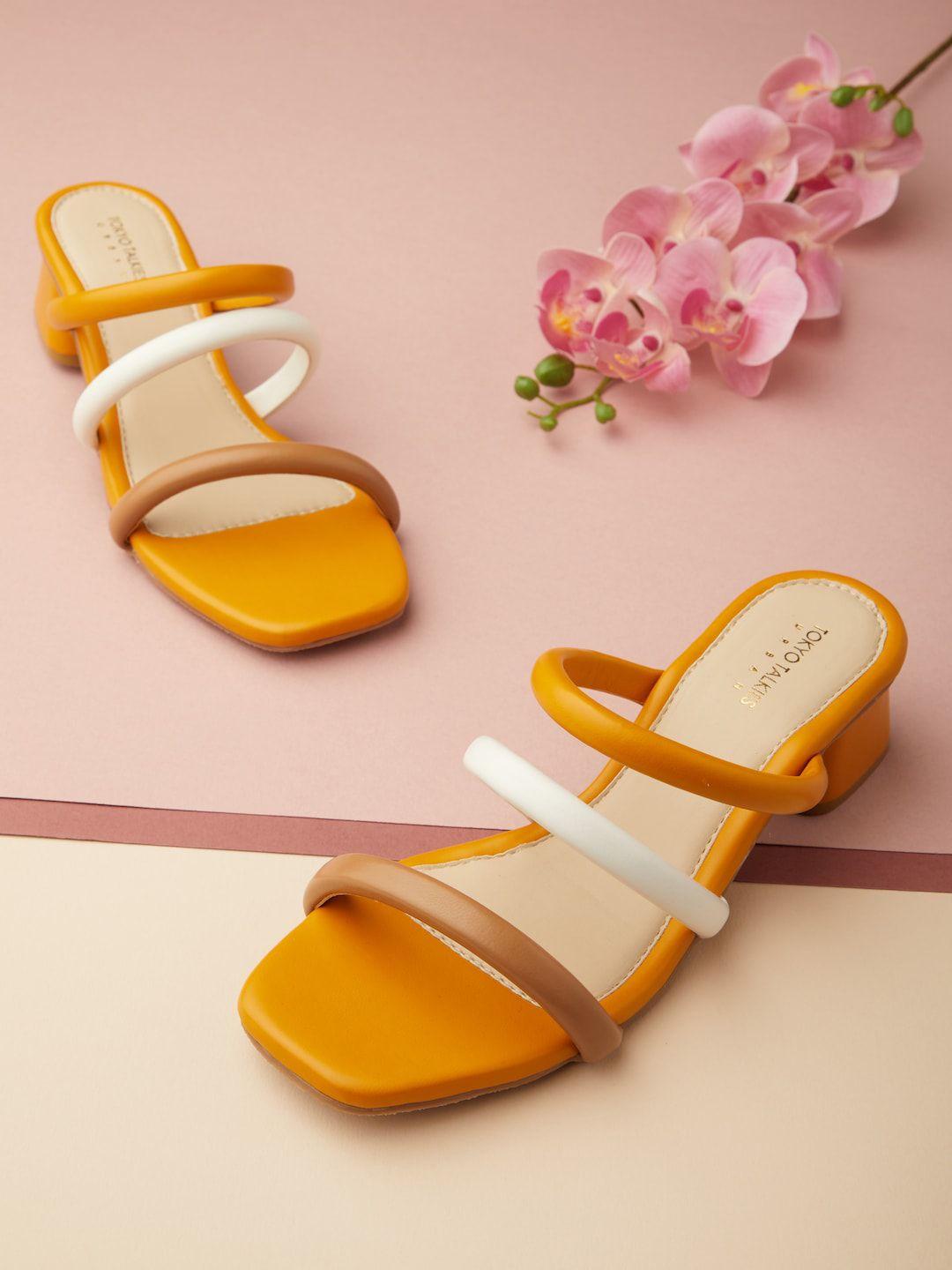 tokyo talkies mustard embellished block sandals with buckles