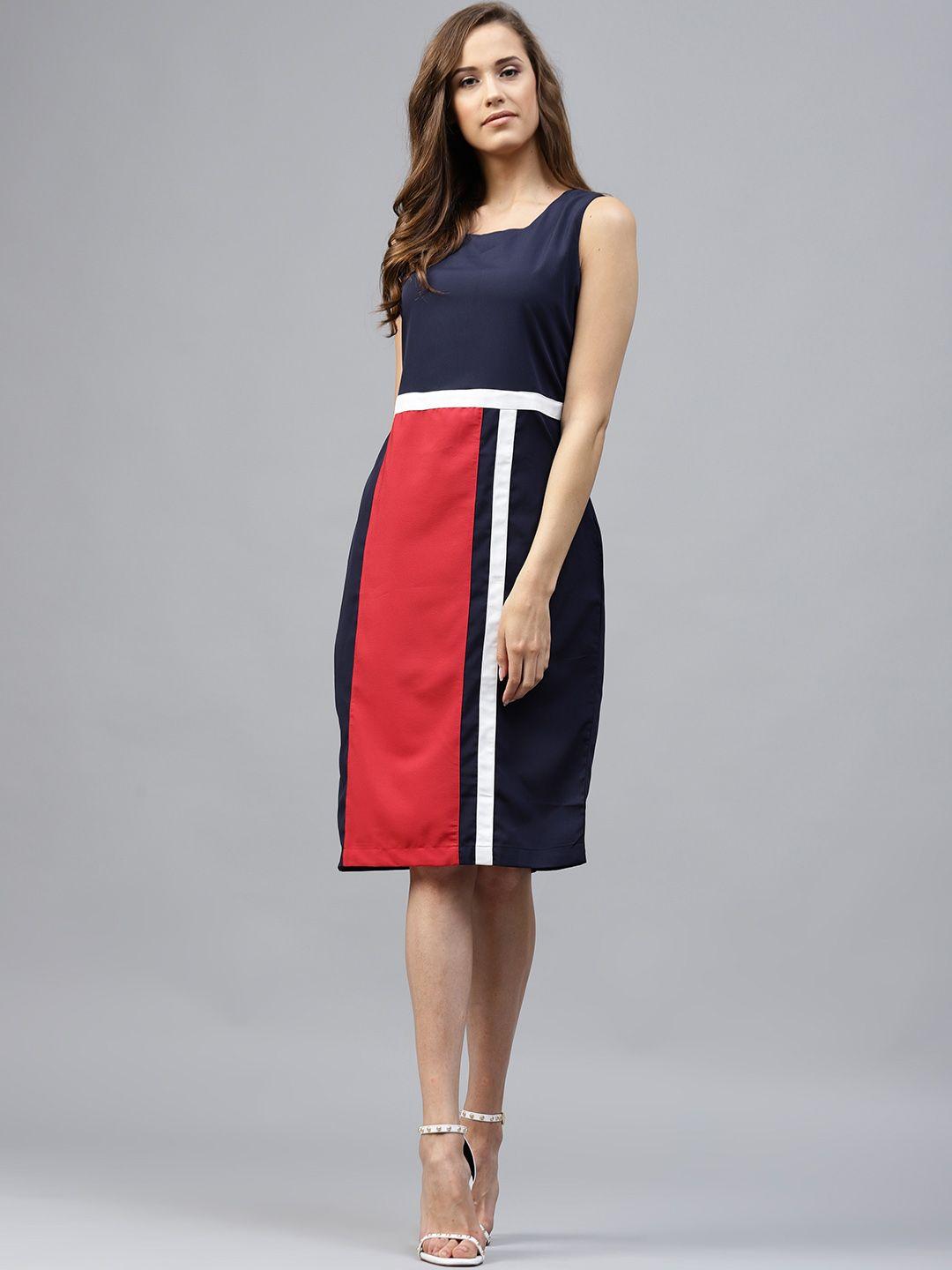 tokyo talkies navy blue & red colourblocked sheath dress