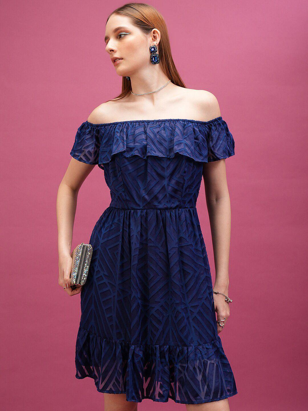 tokyo talkies navy blue geometric printed off-shoulder fit & flare dress