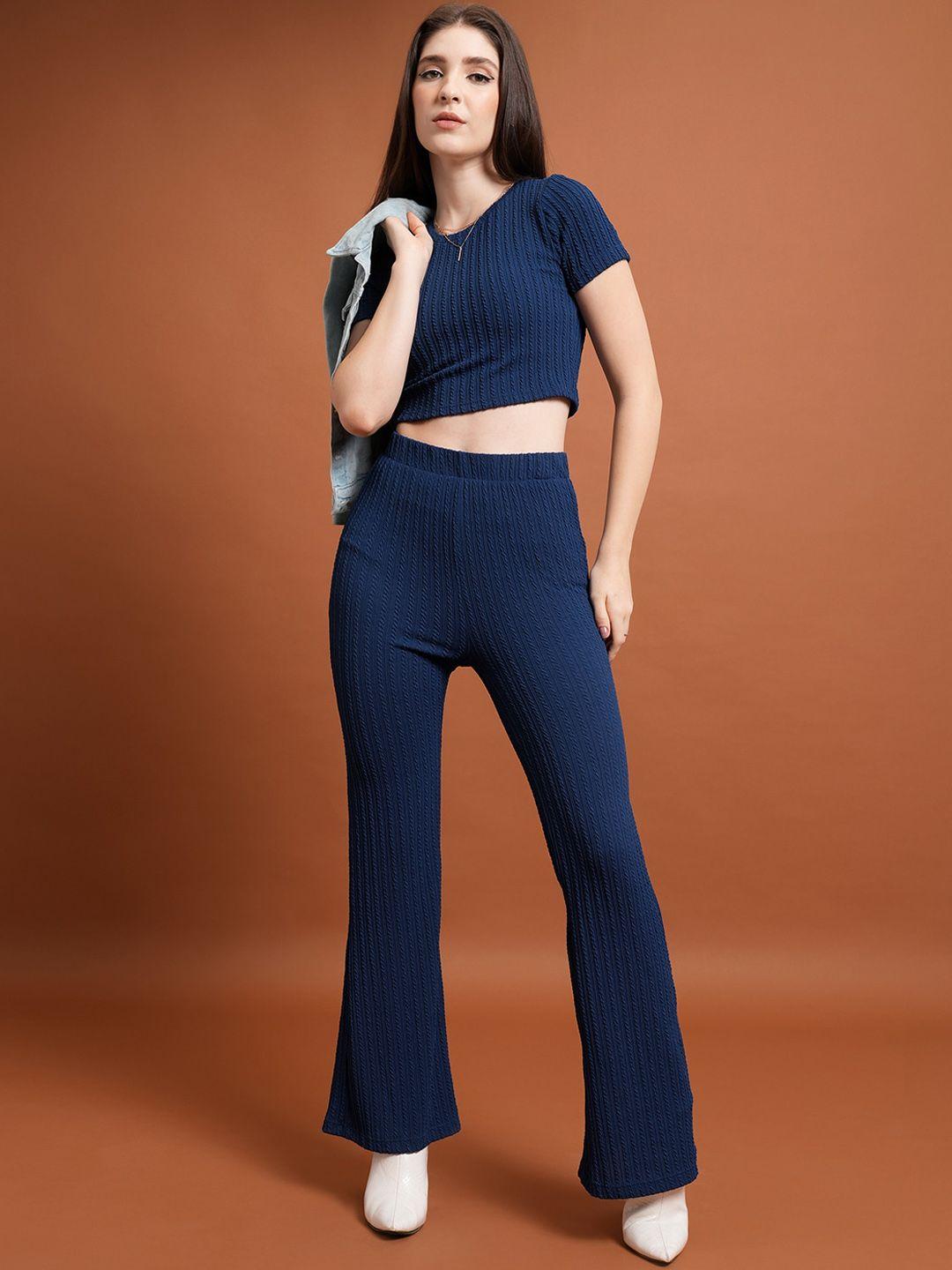 tokyo talkies navy blue round neck crop top & flared trousers co-ords set