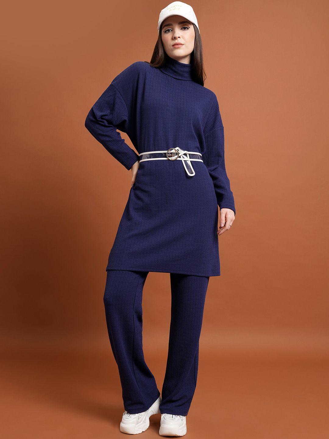 tokyo talkies navy blue self designed turtle neck longline sweatshirt & trousers