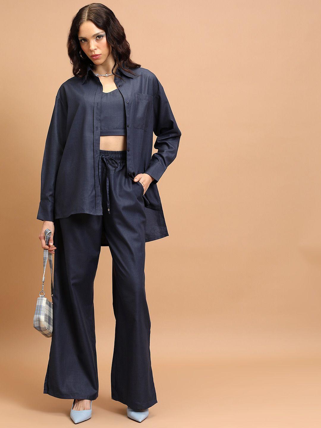 tokyo talkies navy blue shoulder straps crop top & trouser with shirt