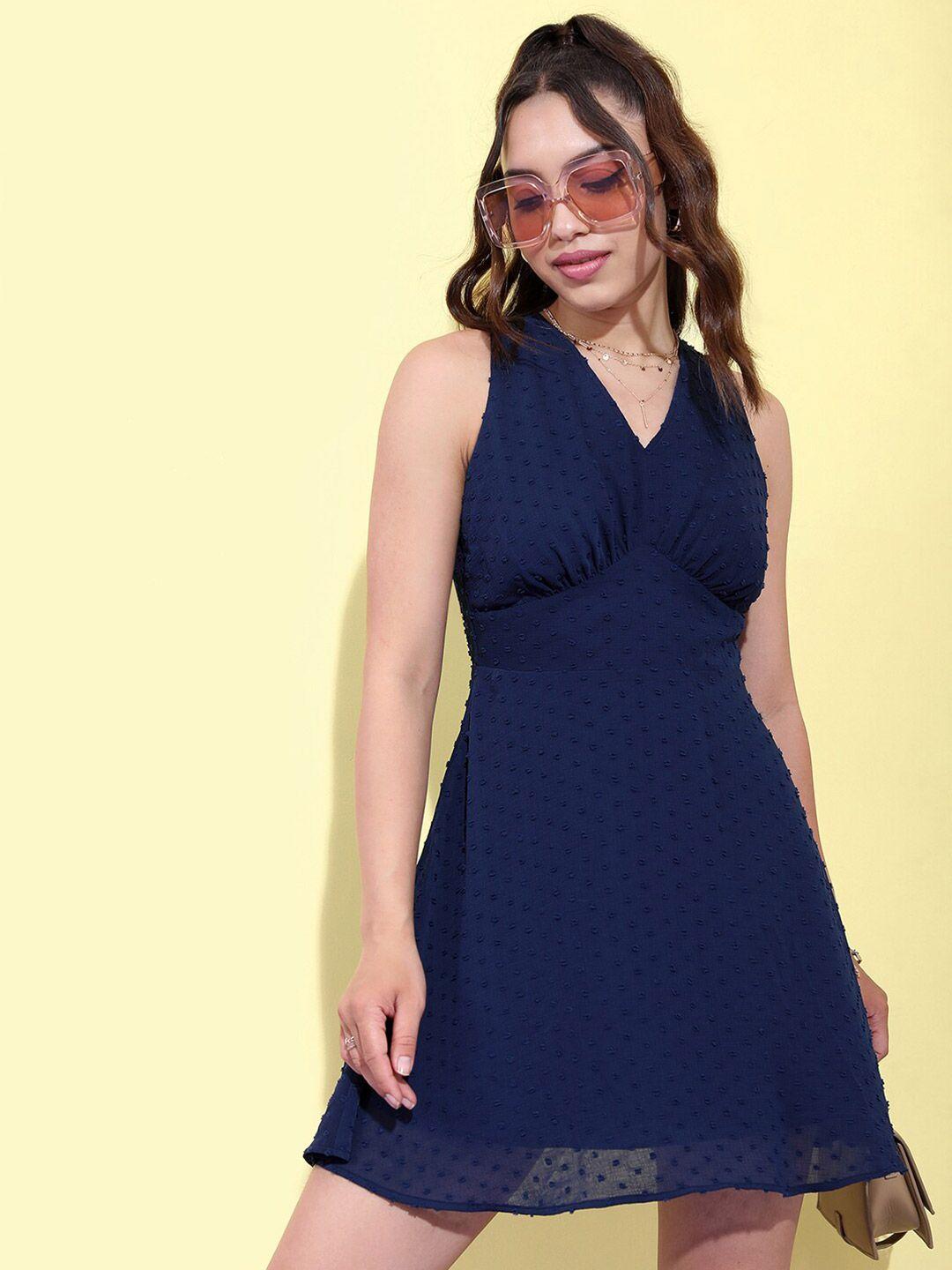 tokyo talkies navy blue v-neck cotton dobby fit & flare mini dress